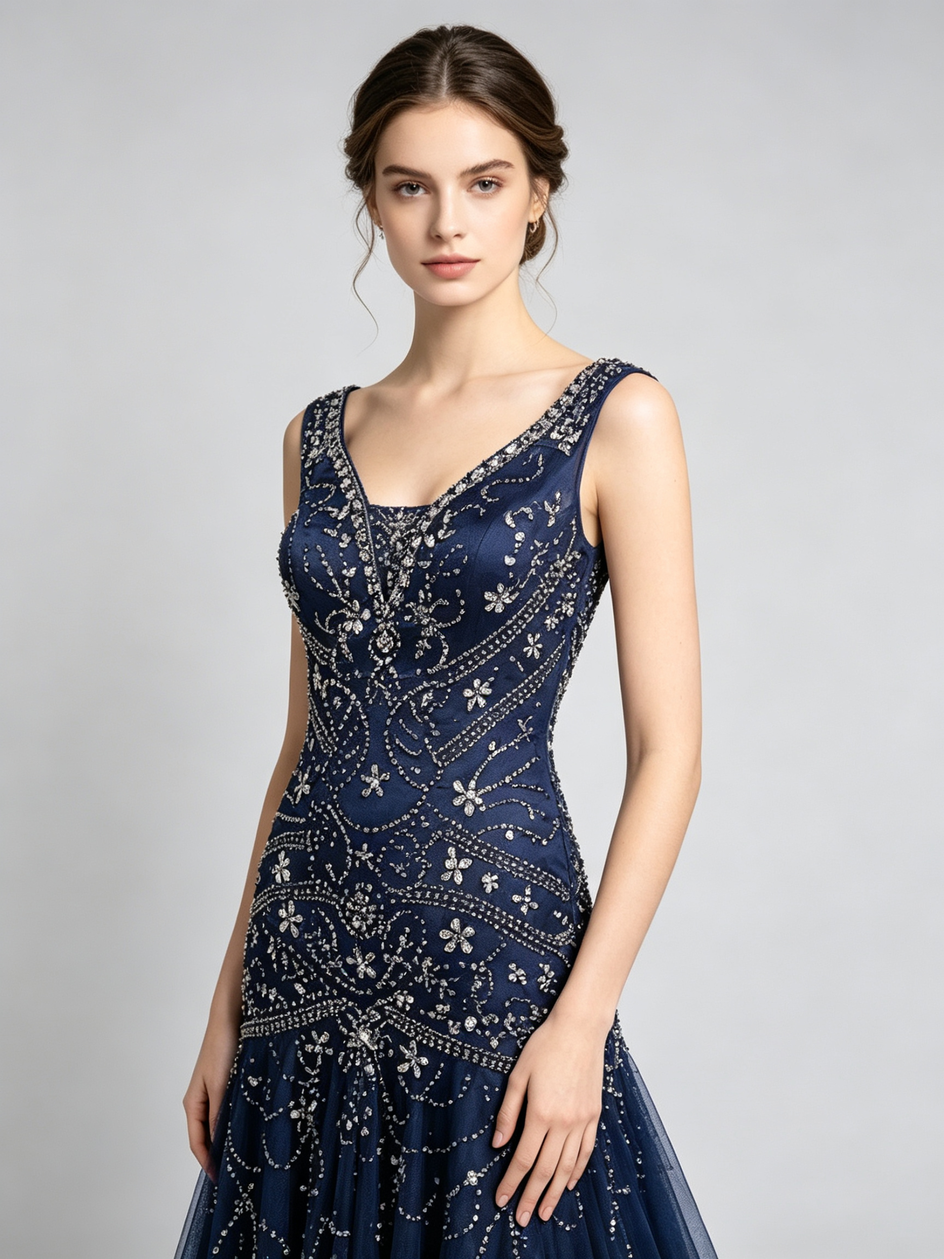 Navy Blue Beaded Mermaid Gown - Crystal Embellished Evening Dress with V-Neckline