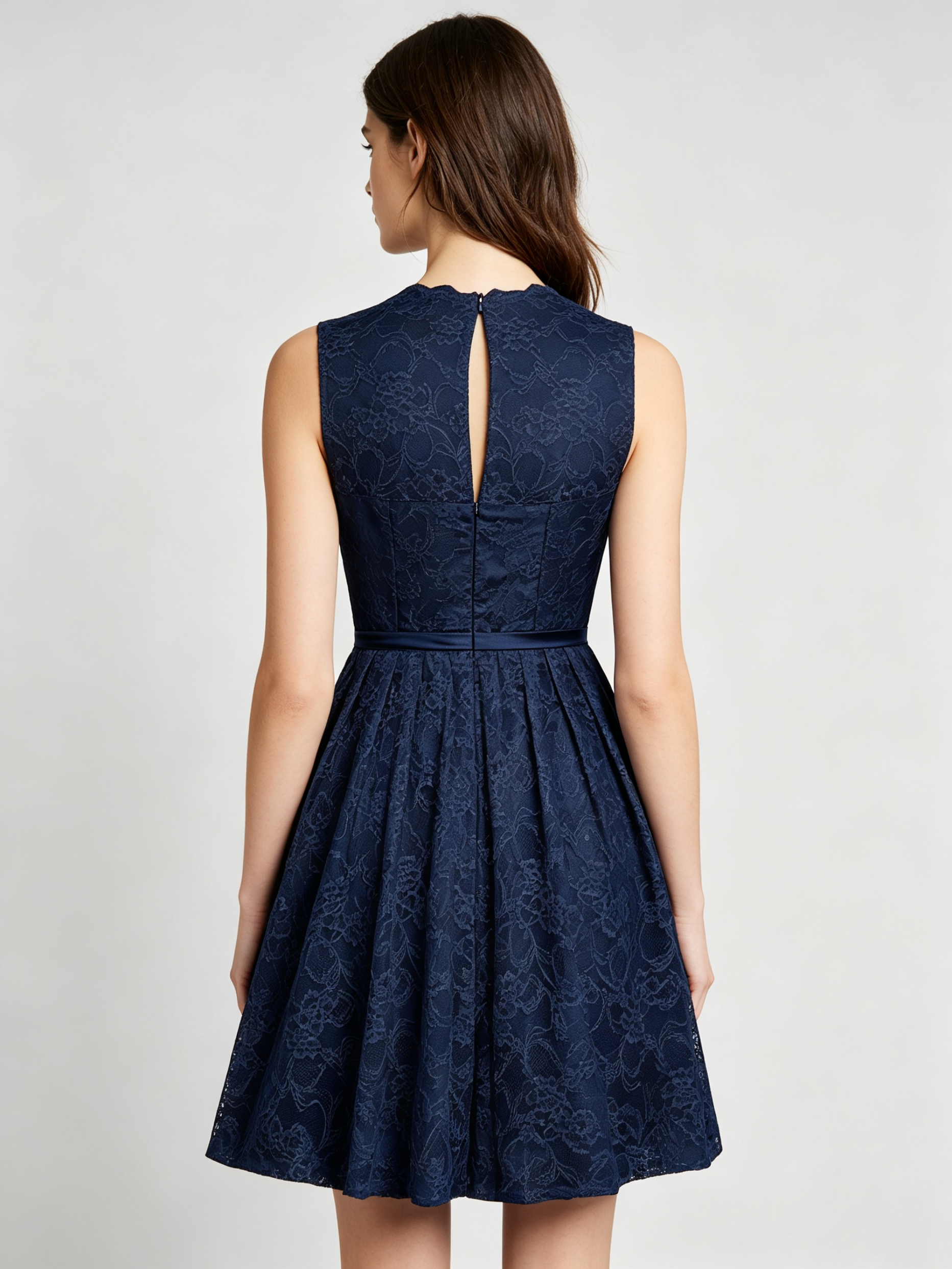 Navy Blue Lace Bridesmaid Dress - Sleeveless A-Line Cocktail Dress with Floral Embroidery
