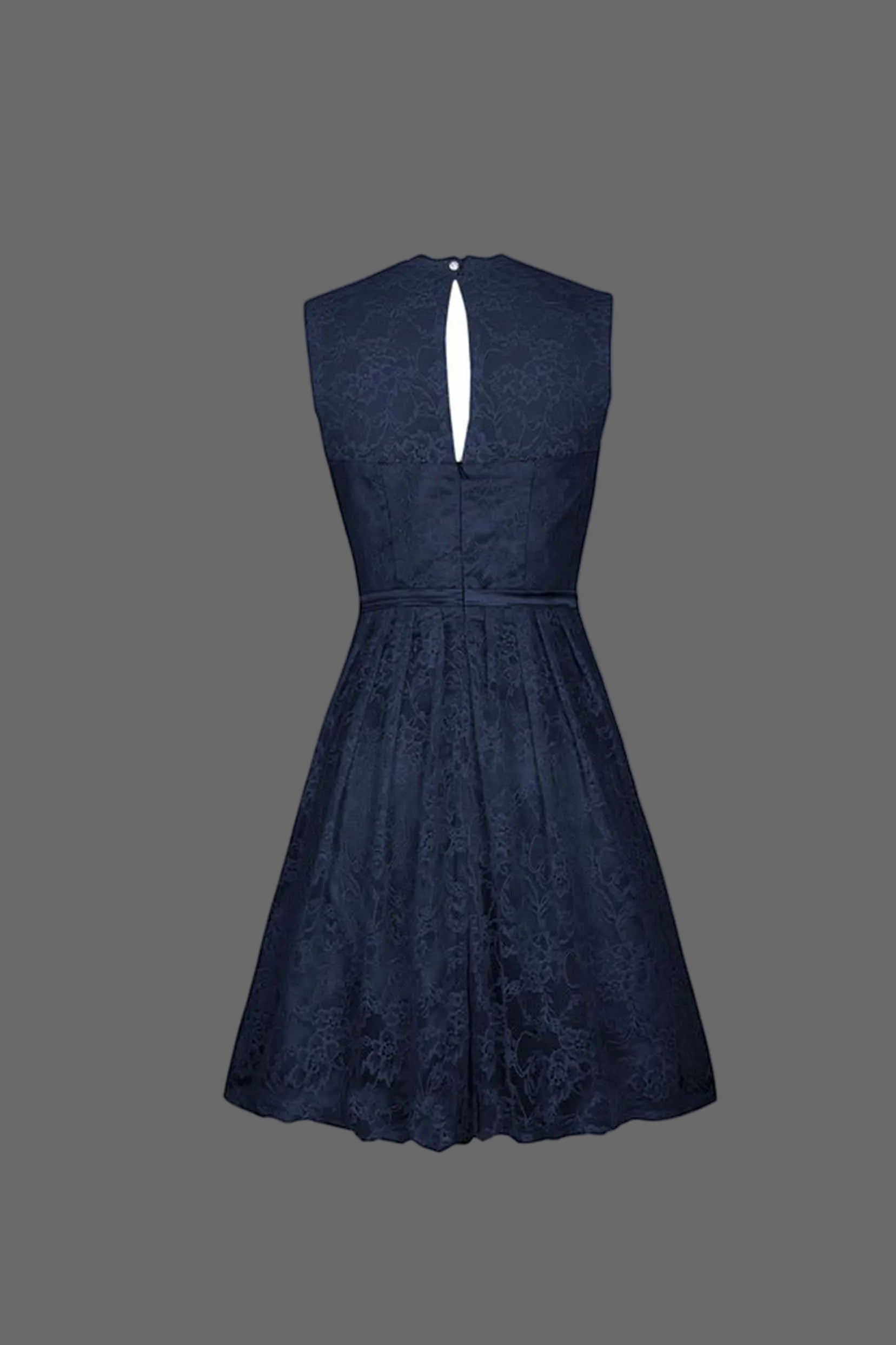 Navy Blue Lace Bridesmaid Dress - Sleeveless A-Line Cocktail Dress with Floral Embroidery