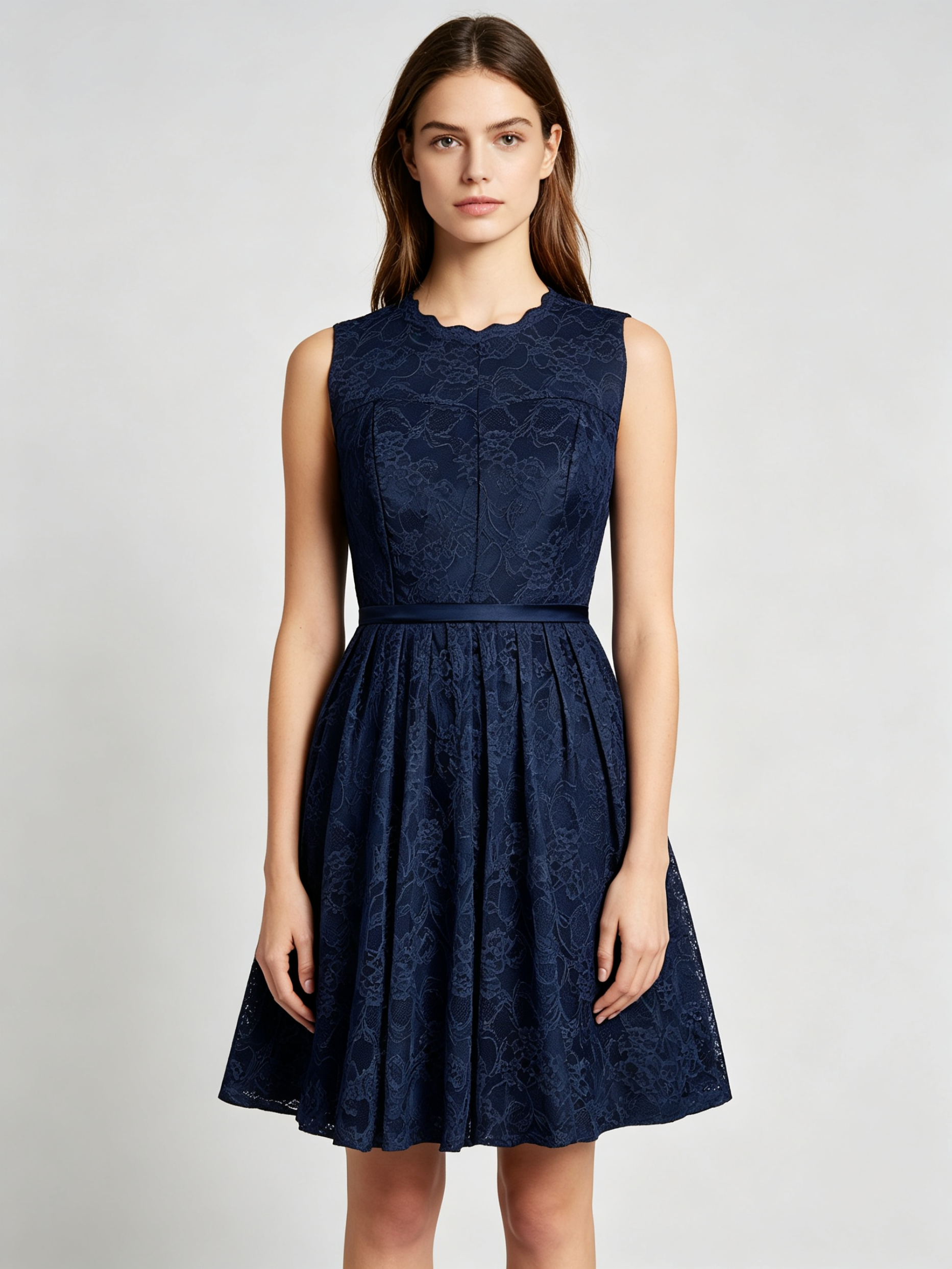 Navy Blue Lace Bridesmaid Dress - Sleeveless A-Line Cocktail Dress with Floral Embroidery