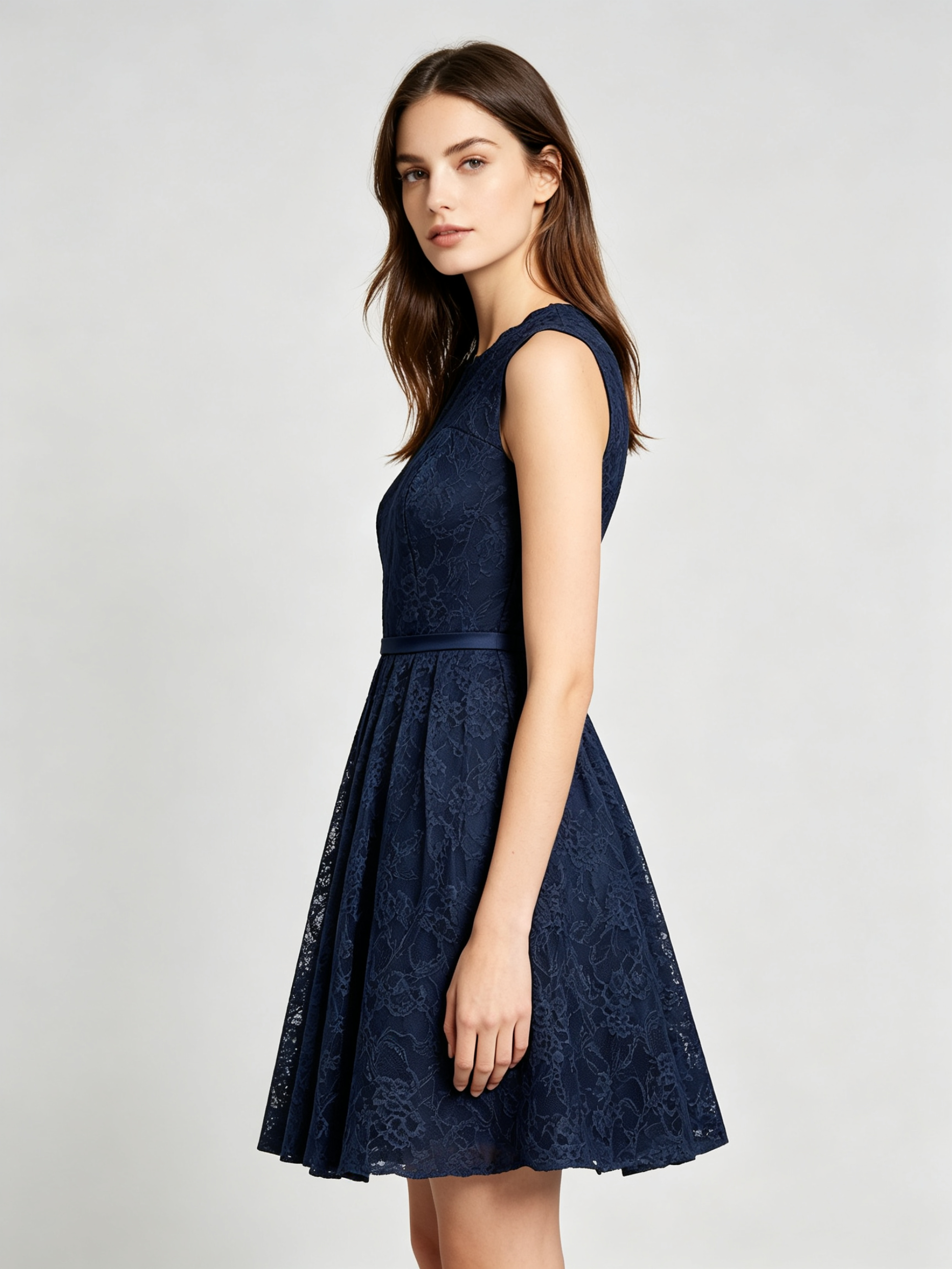 Navy Blue Lace Bridesmaid Dress - Sleeveless A-Line Cocktail Dress with Floral Embroidery