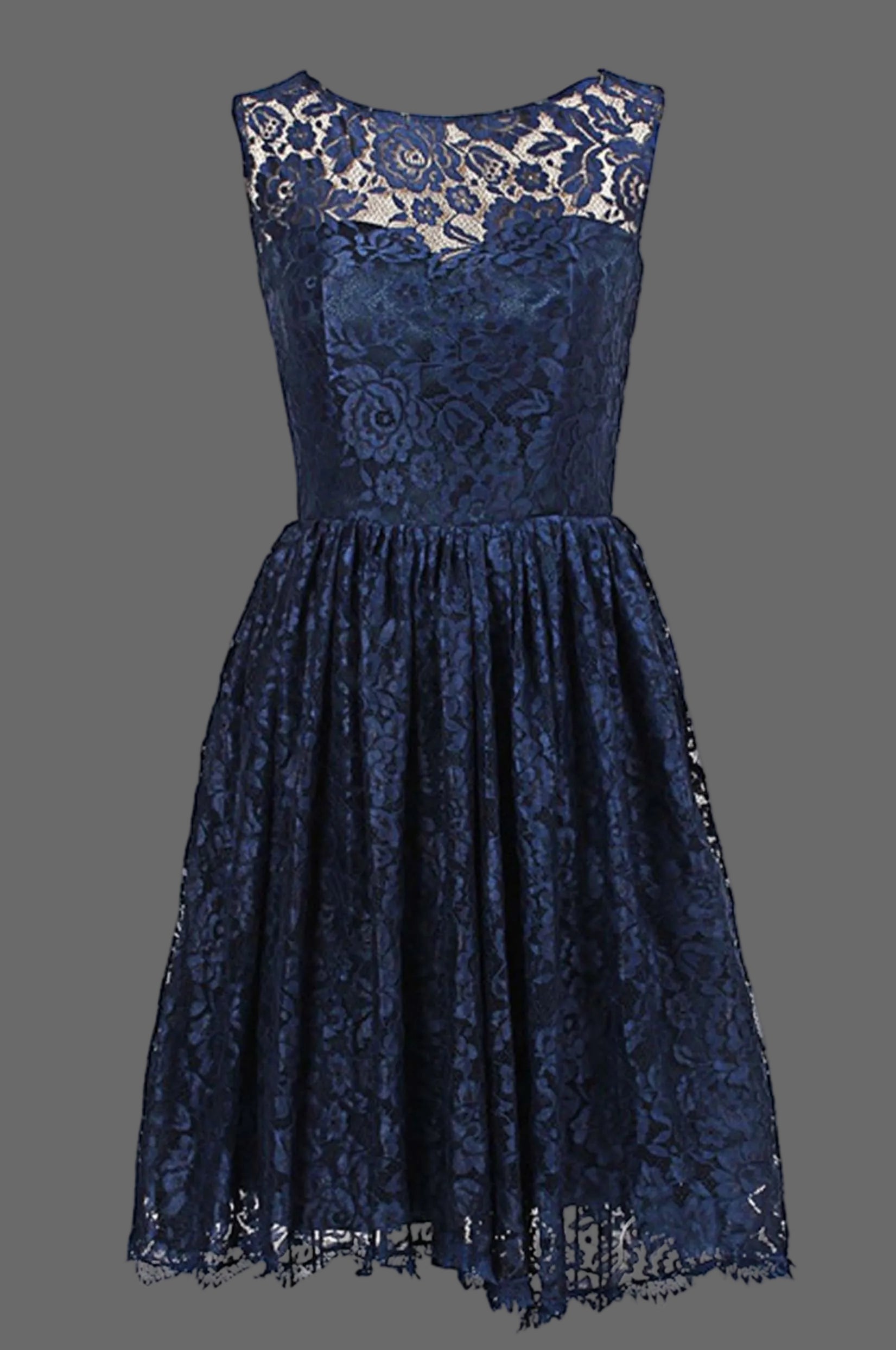 Navy Blue Lace Cocktail Dress - Sleeveless Fit and Flare Party Dress with Illusion Neckline