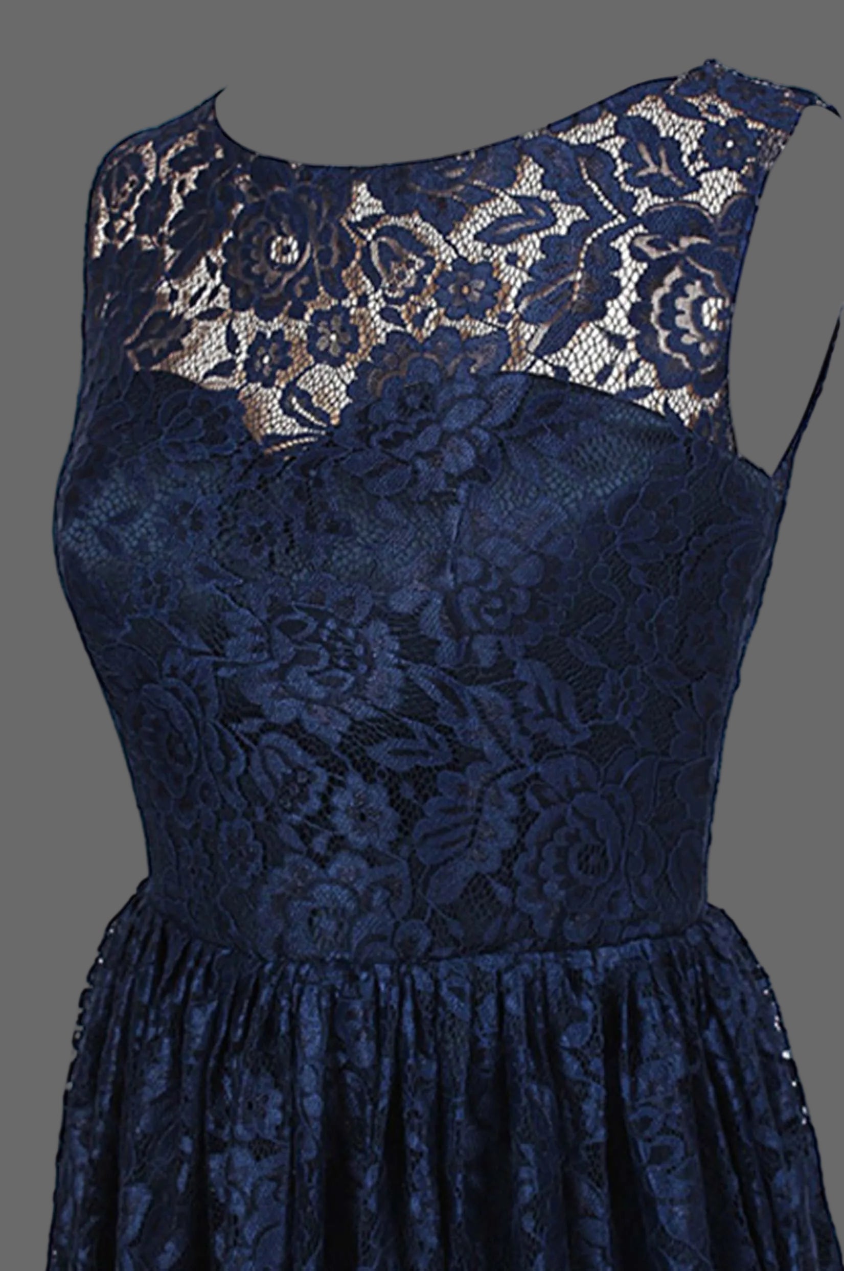 Navy Blue Lace Cocktail Dress - Sleeveless Fit and Flare Party Dress with Illusion Neckline