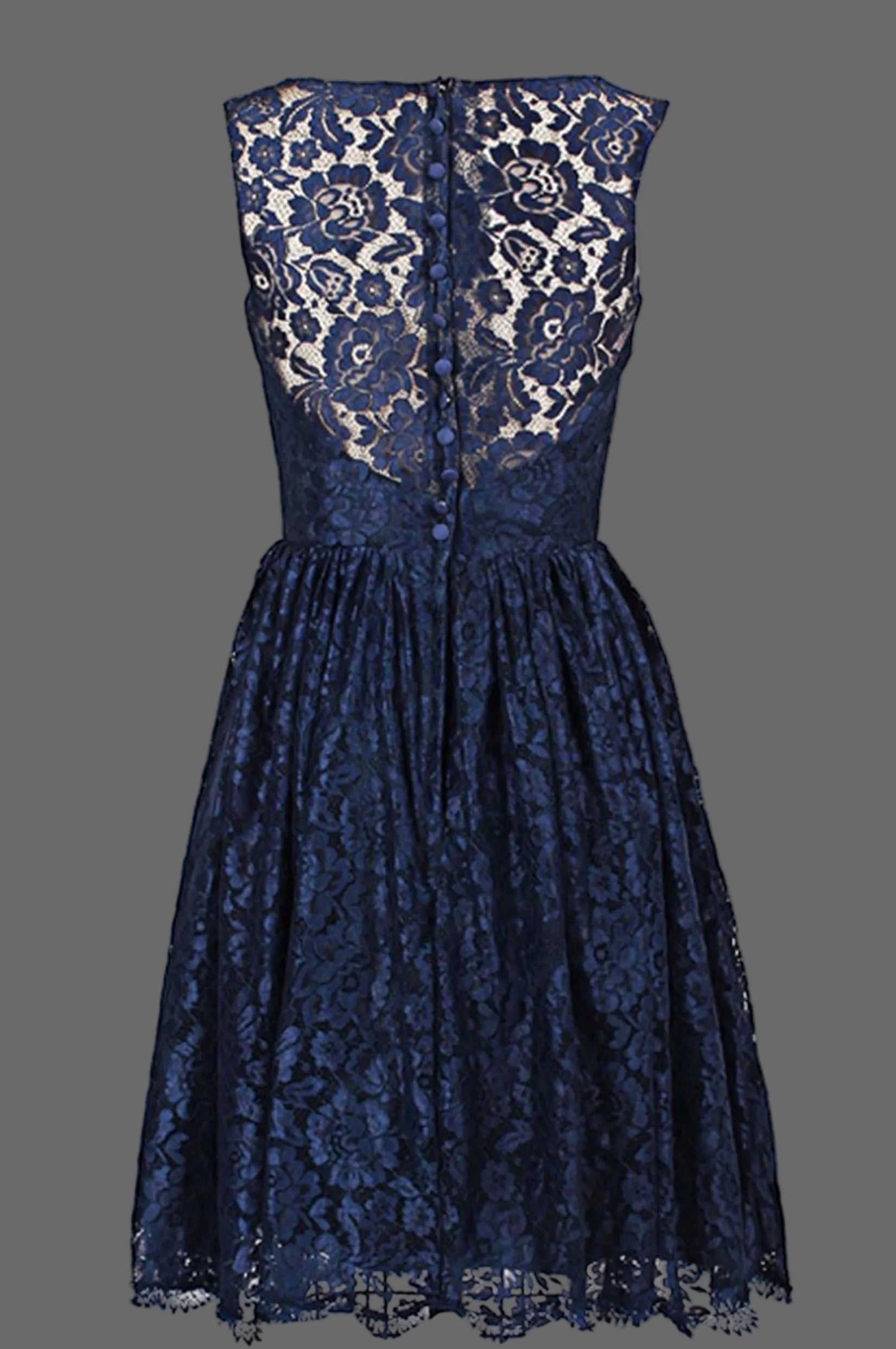 Navy Blue Lace Cocktail Dress - Sleeveless Fit and Flare Party Dress with Illusion Neckline