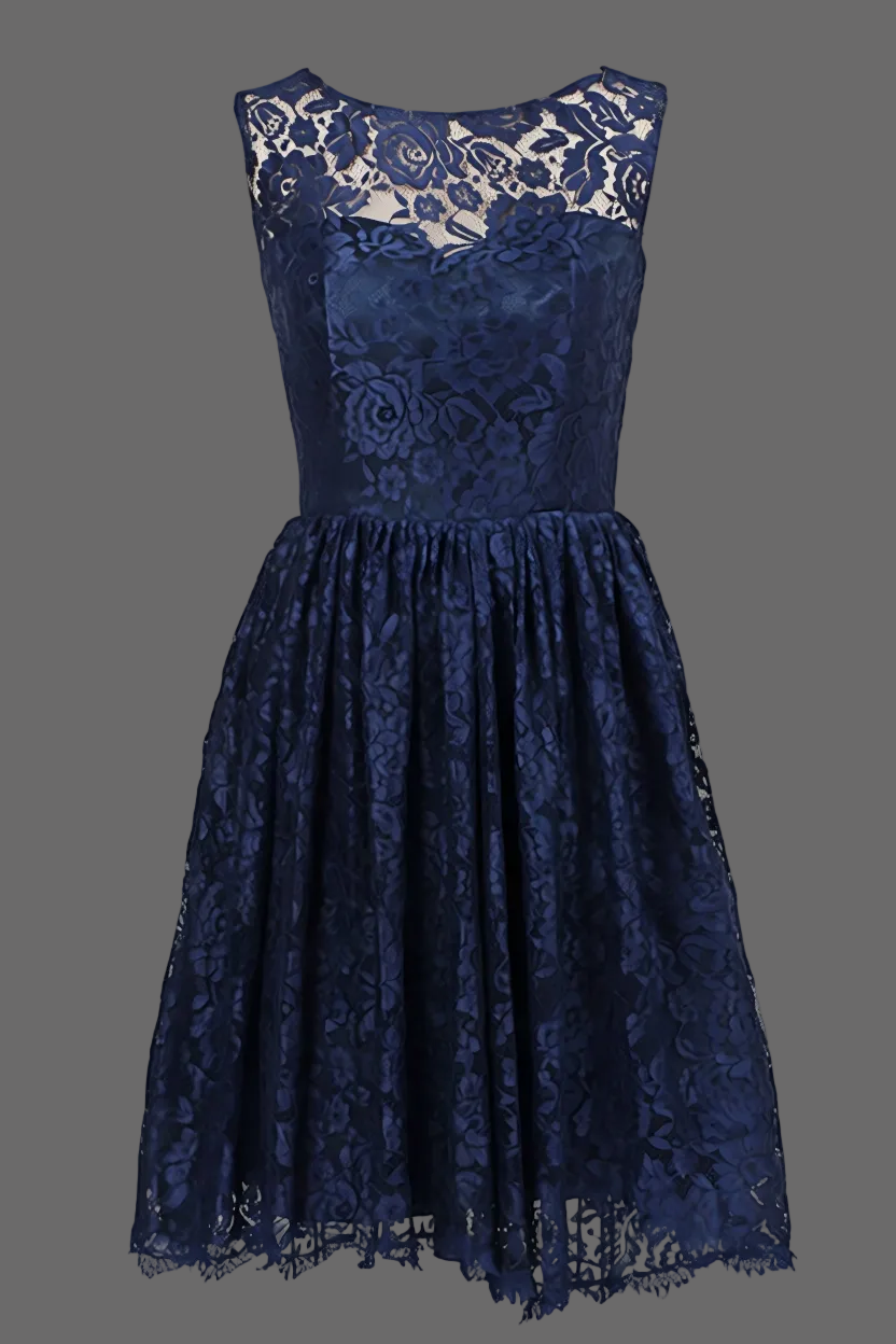 Navy Blue Lace Cocktail Dress - Sleeveless Illusion Neckline A-Line Party Dress