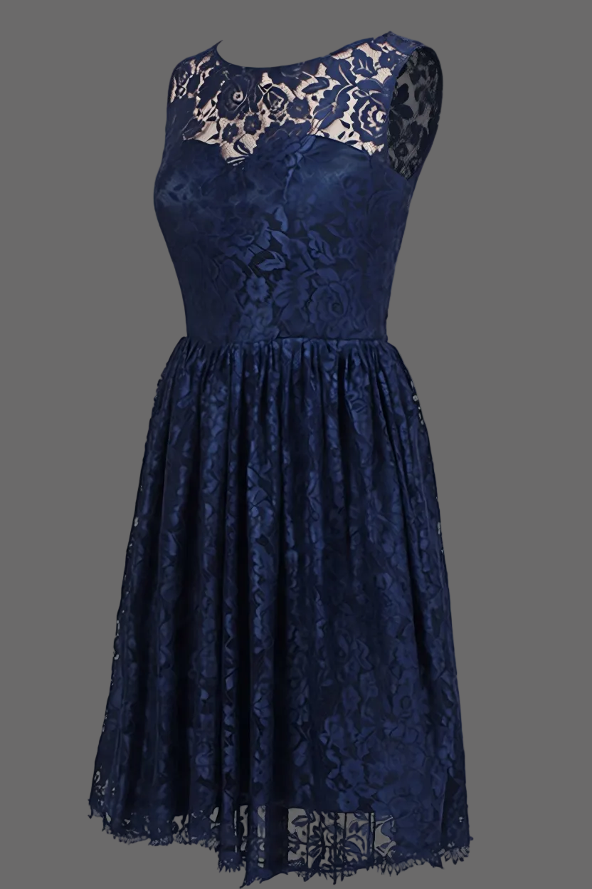 Navy Blue Lace Cocktail Dress - Sleeveless Illusion Neckline A-Line Party Dress