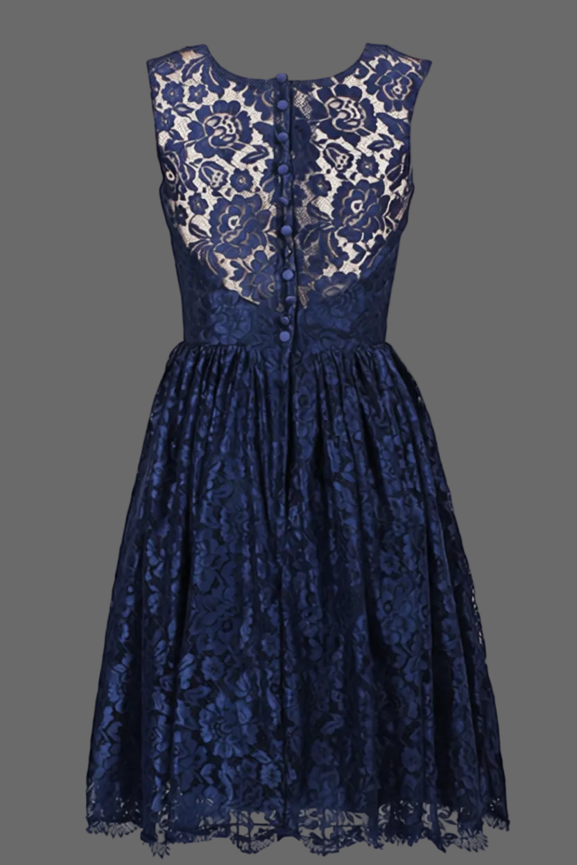 Navy Blue Lace Cocktail Dress - Sleeveless Illusion Neckline A-Line Party Dress