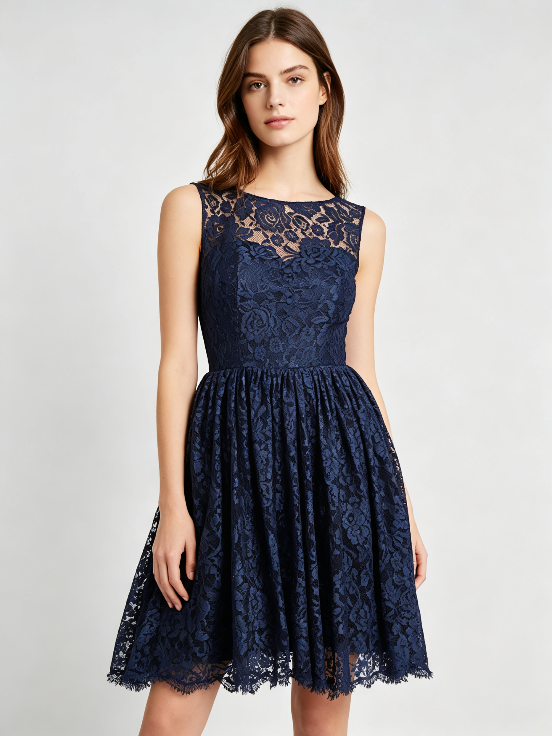 Navy Blue Lace Cocktail Dress - Sleeveless Illusion Neckline A-Line Party Dress