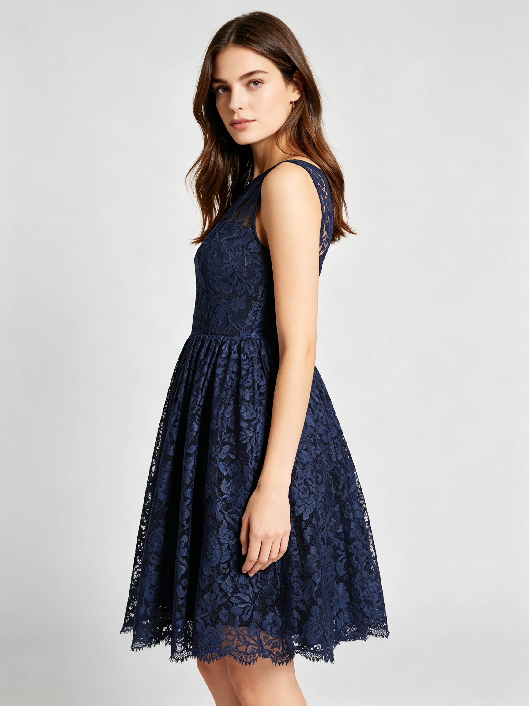 Navy Blue Lace Cocktail Dress - Sleeveless Illusion Neckline A-Line Party Dress