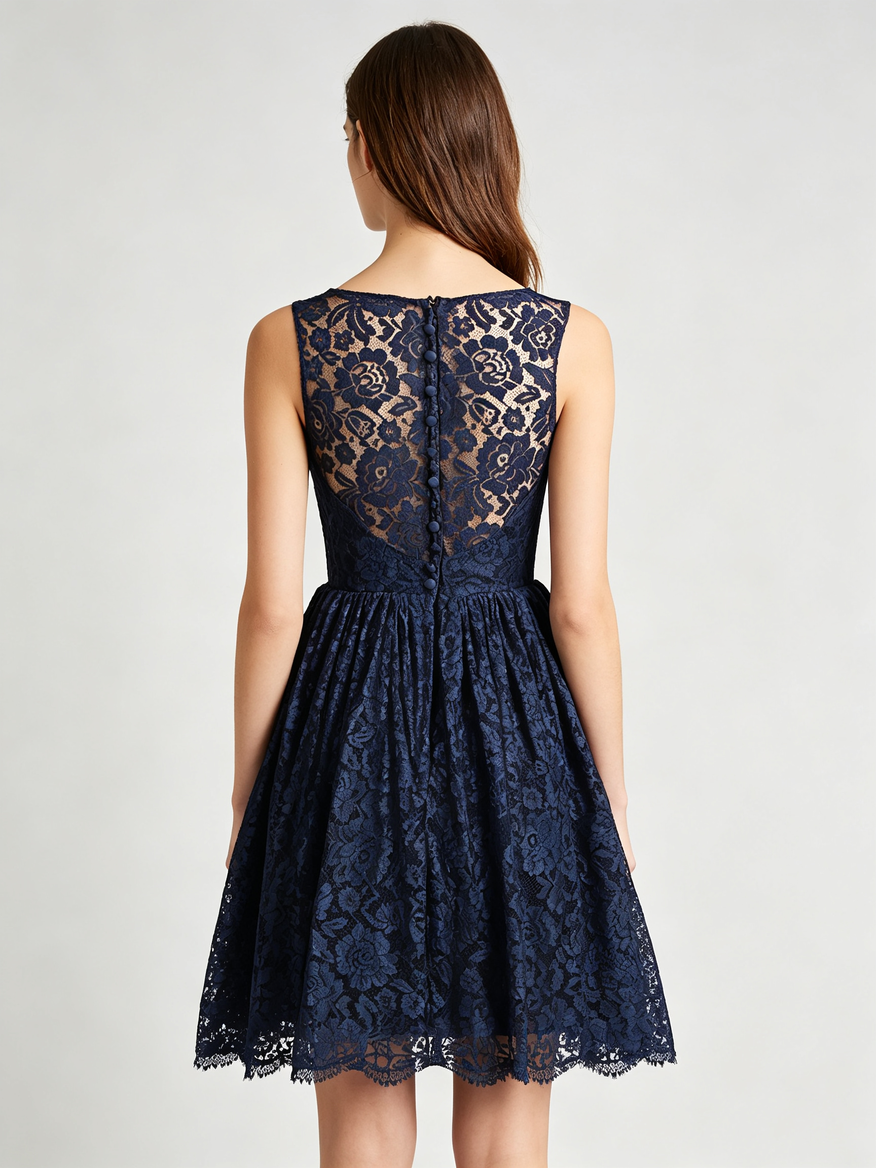 Navy Blue Lace Cocktail Dress - Sleeveless Illusion Neckline A-Line Party Dress