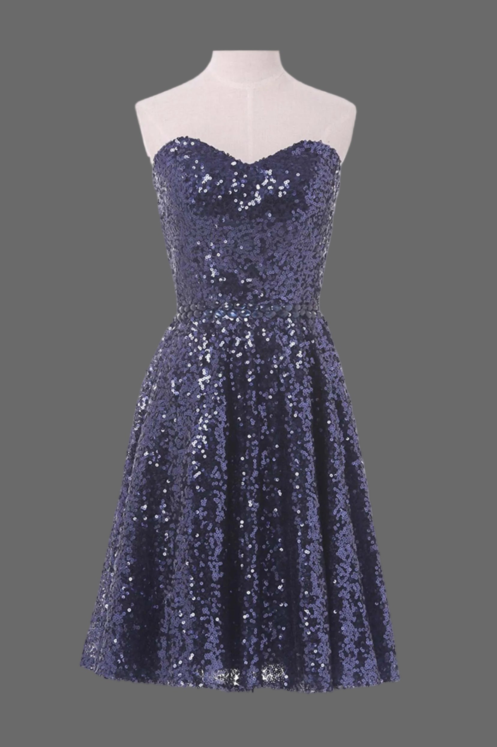 Navy Blue Sequin Cocktail Dress - Strapless Sweetheart A-Line Party Dress with Sparkle