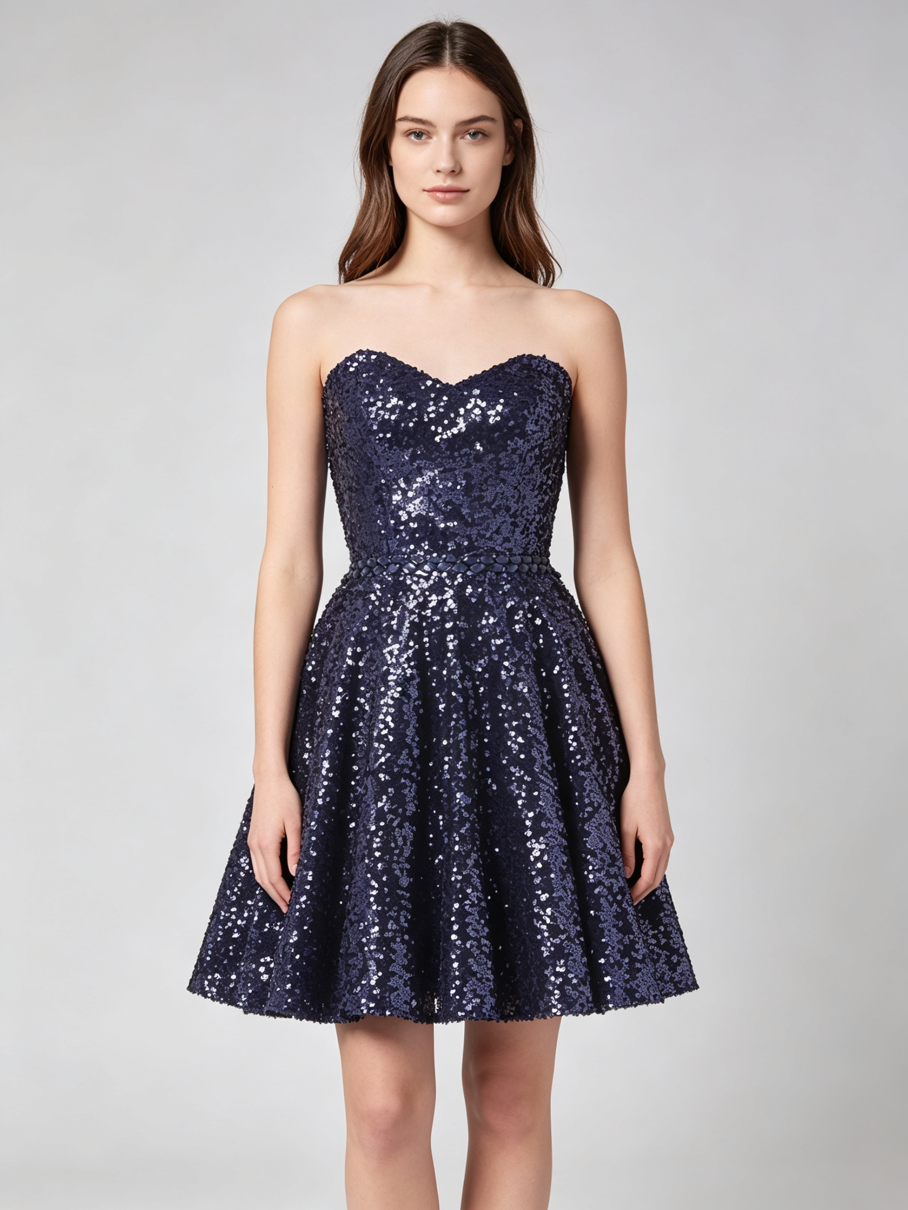 Navy Blue Sequin Cocktail Dress - Strapless Sweetheart A-Line Party Dress with Sparkle