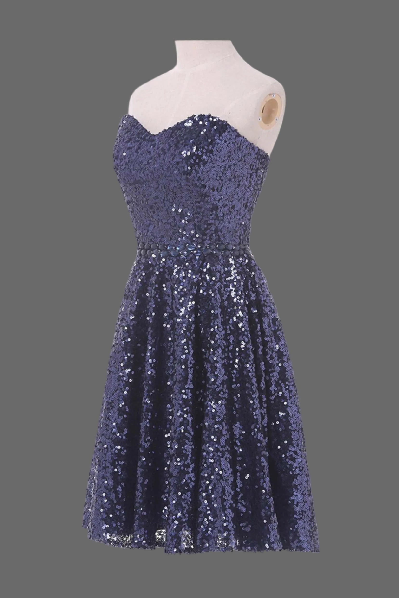 Navy Blue Sequin Cocktail Dress - Strapless Sweetheart A-Line Party Dress with Sparkle