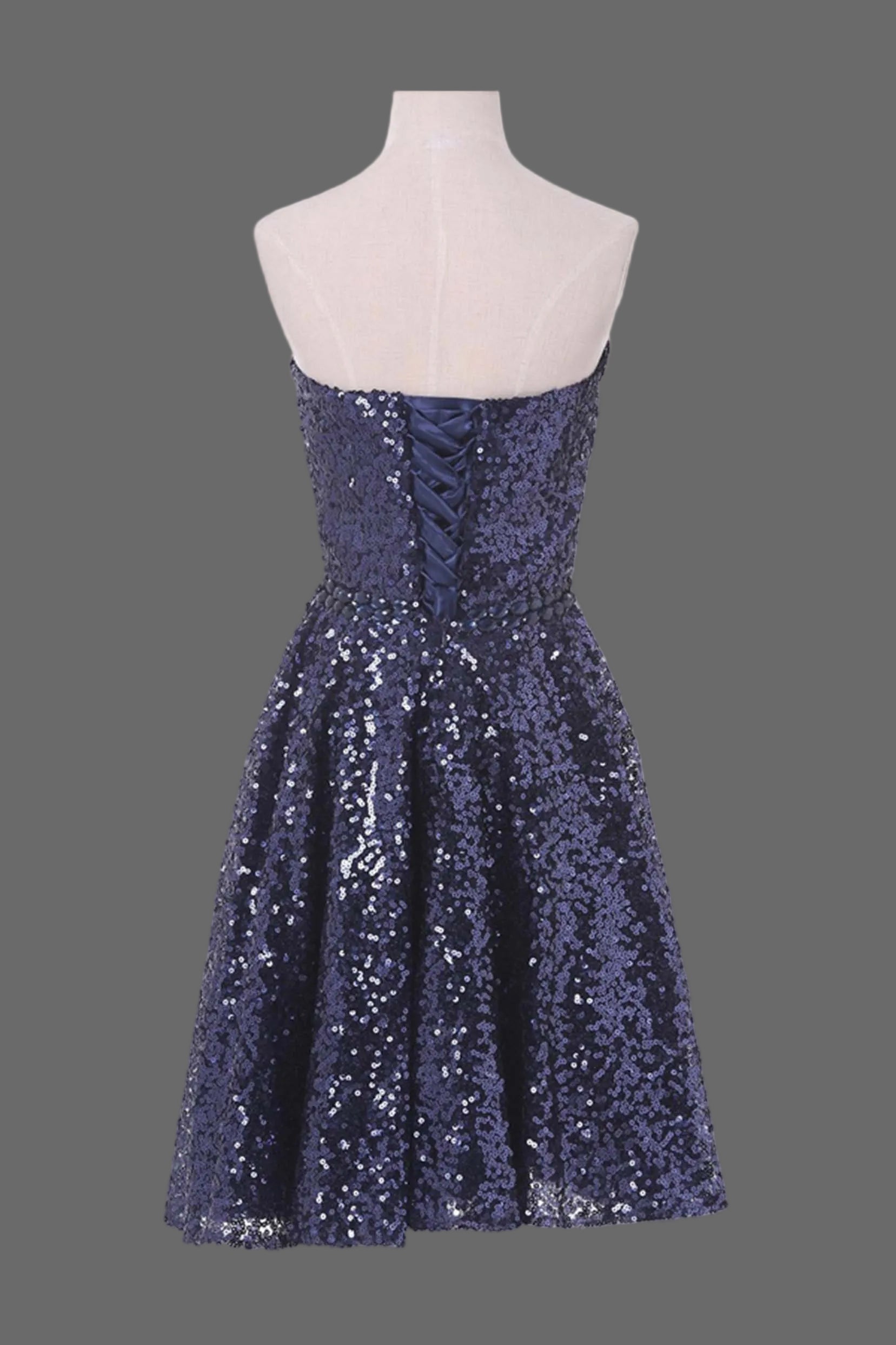 Navy Blue Sequin Cocktail Dress - Strapless Sweetheart A-Line Party Dress with Sparkle