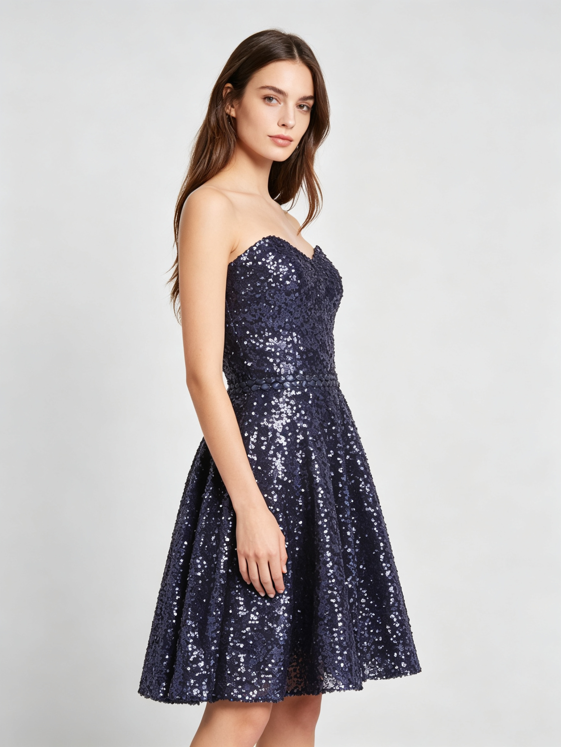 Navy Blue Sequin Cocktail Dress - Strapless Sweetheart A-Line Party Dress with Sparkle