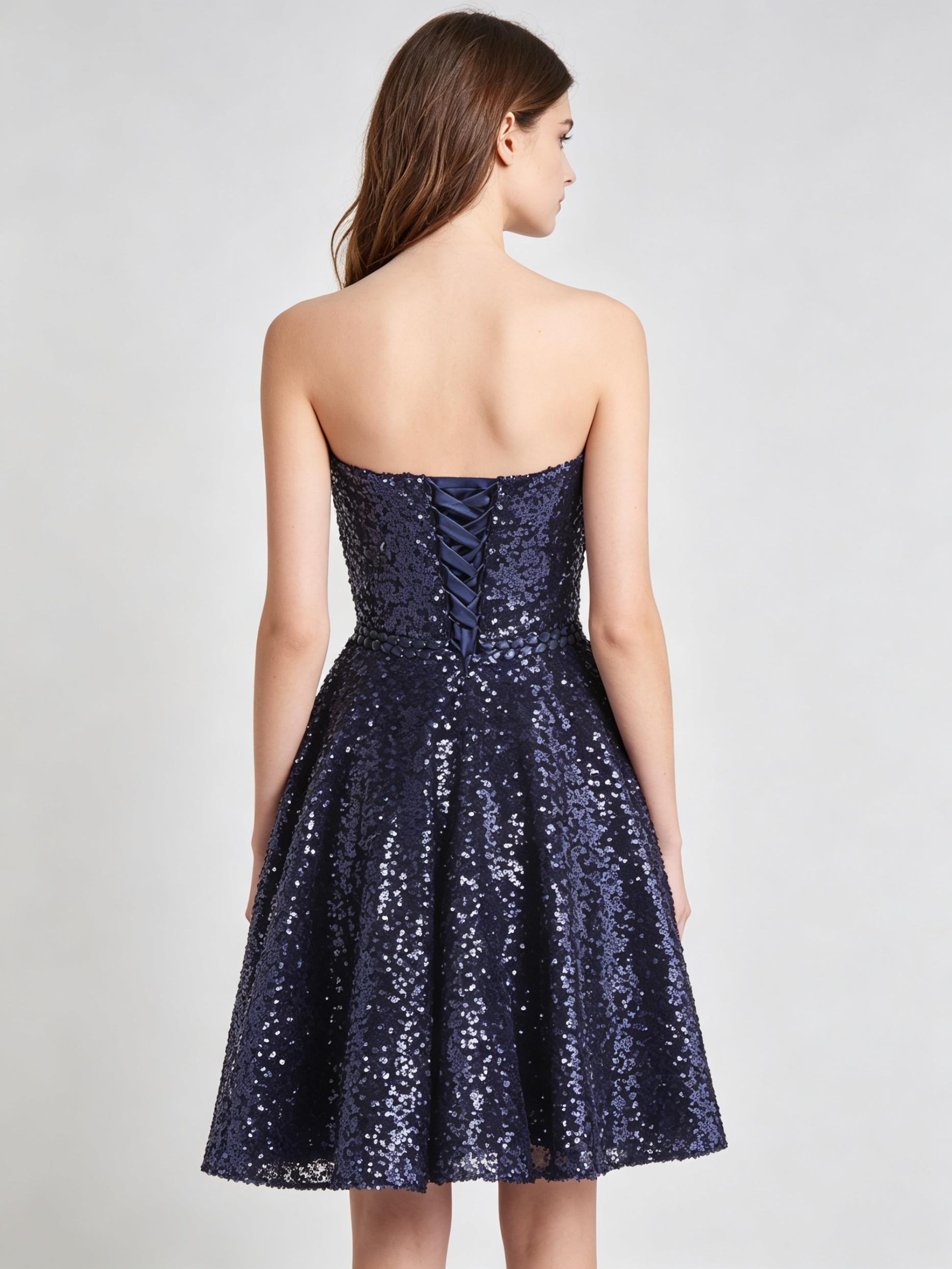 Navy Blue Sequin Cocktail Dress - Strapless Sweetheart A-Line Party Dress with Sparkle