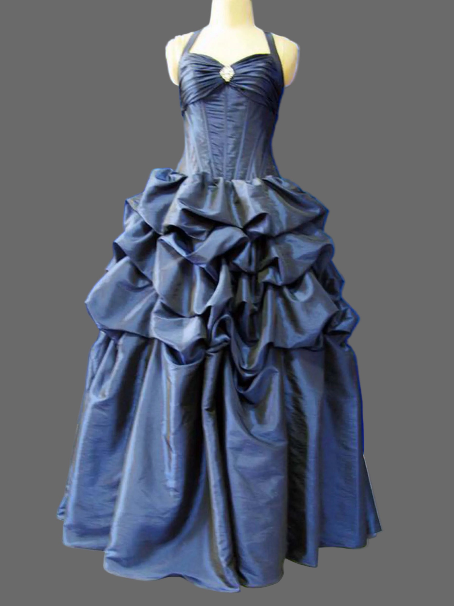 Navy Blue Taffeta Ball Gown Halter Corset Bodice Pick-Up Bubble Skirt Wedding Dress Prom Dress
