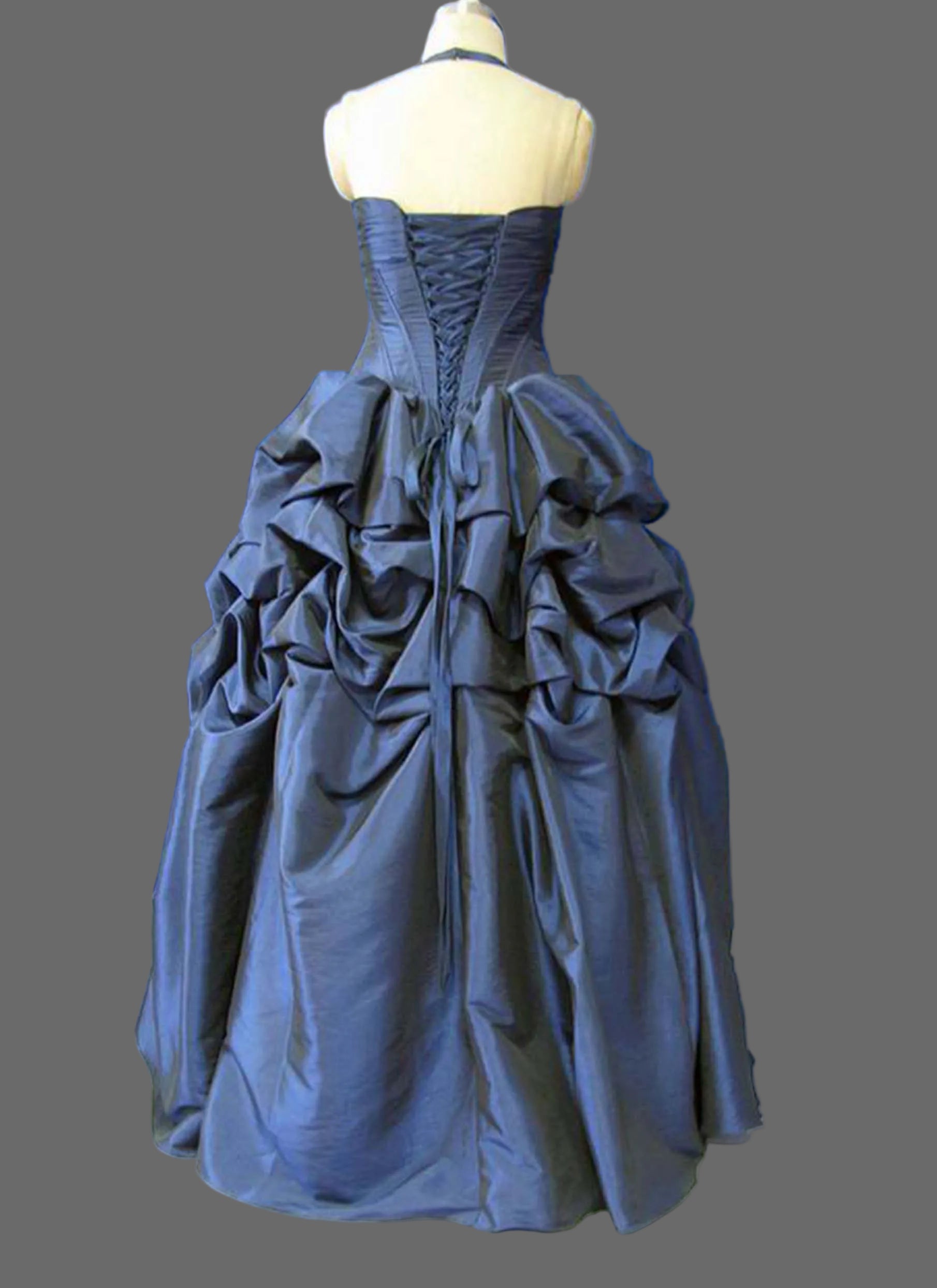 Navy Blue Taffeta Ball Gown Halter Corset Bodice Pick-Up Bubble Skirt Wedding Dress Prom Dress