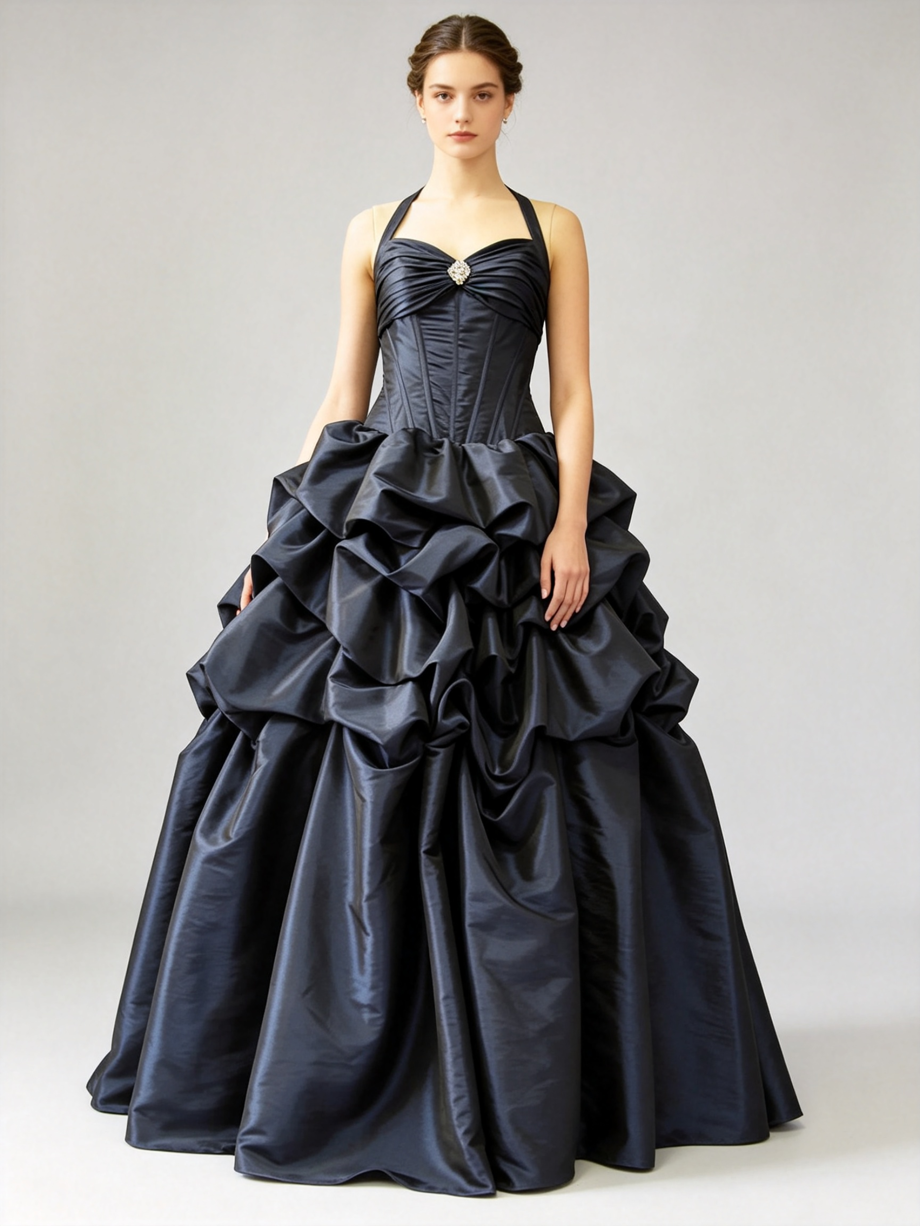 Navy Blue Taffeta Ball Gown Halter Corset Bodice Pick-Up Bubble Skirt Wedding Dress Prom Dress