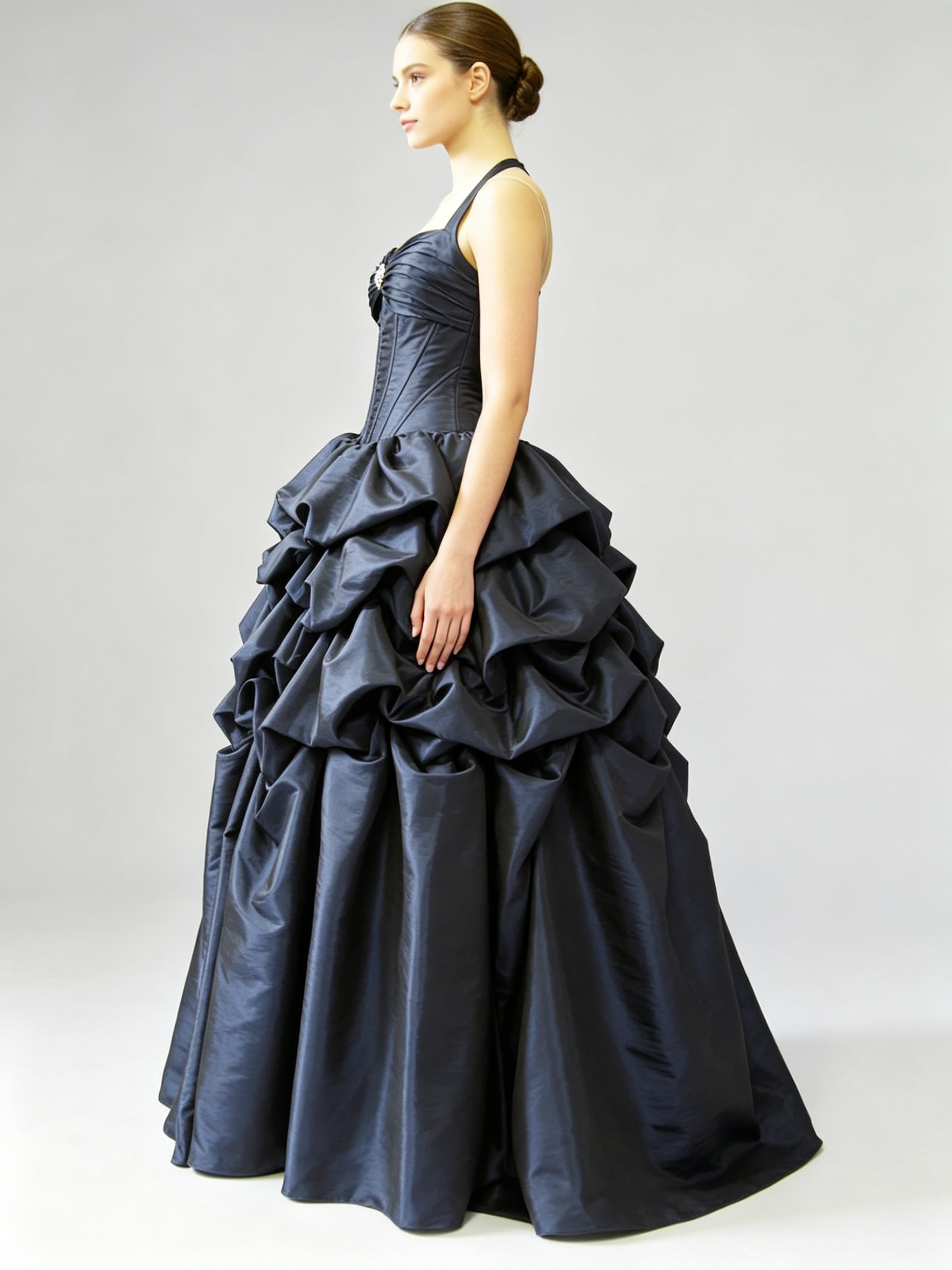 Navy Blue Taffeta Ball Gown Halter Corset Bodice Pick-Up Bubble Skirt Wedding Dress Prom Dress