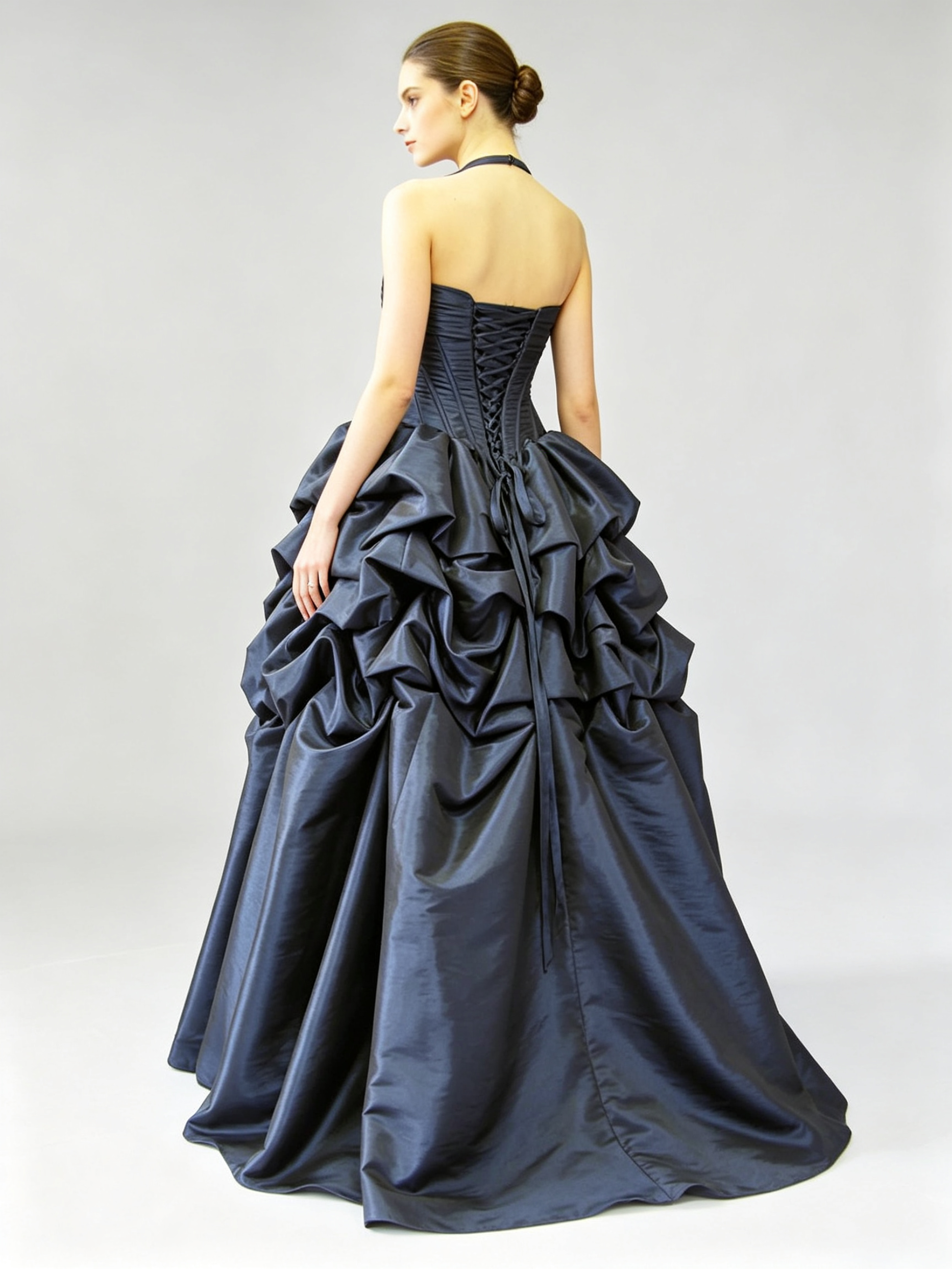 Navy Blue Taffeta Ball Gown Halter Corset Bodice Pick-Up Bubble Skirt Wedding Dress Prom Dress