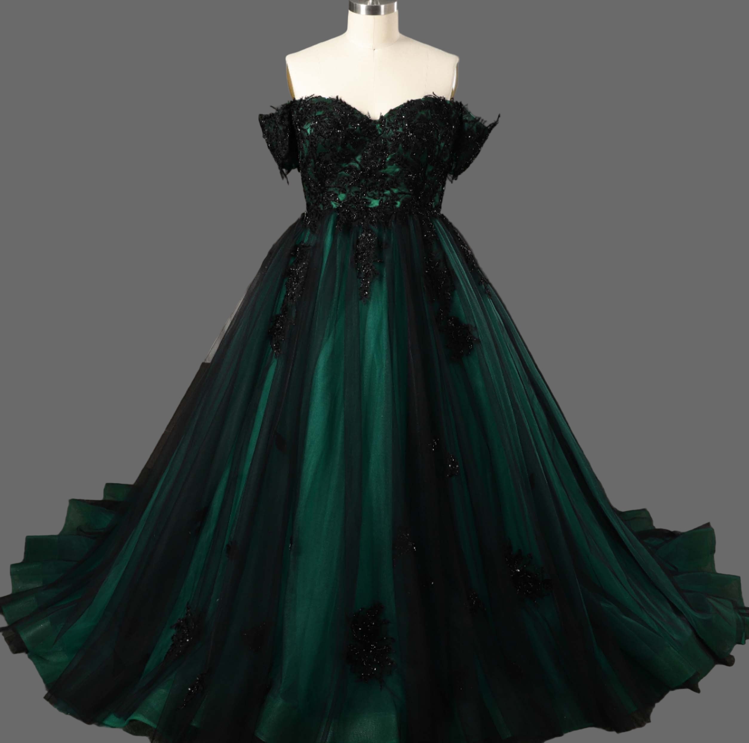 Off-Shoulder Ball Gown Wedding Dress with Black Lace Appliques and Cathedral Train