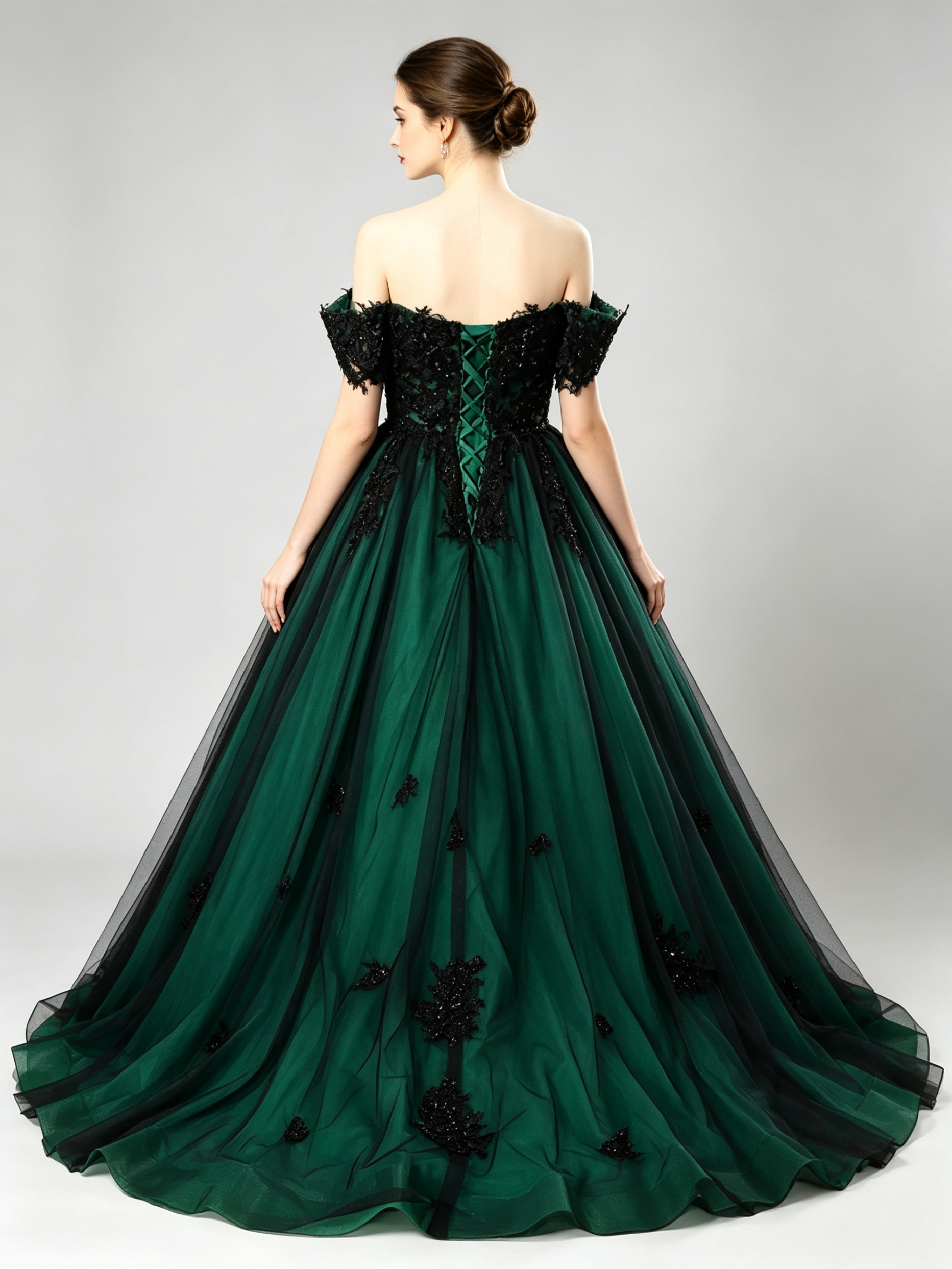 Off-Shoulder Ball Gown Wedding Dress with Black Lace Appliques and Cathedral Train