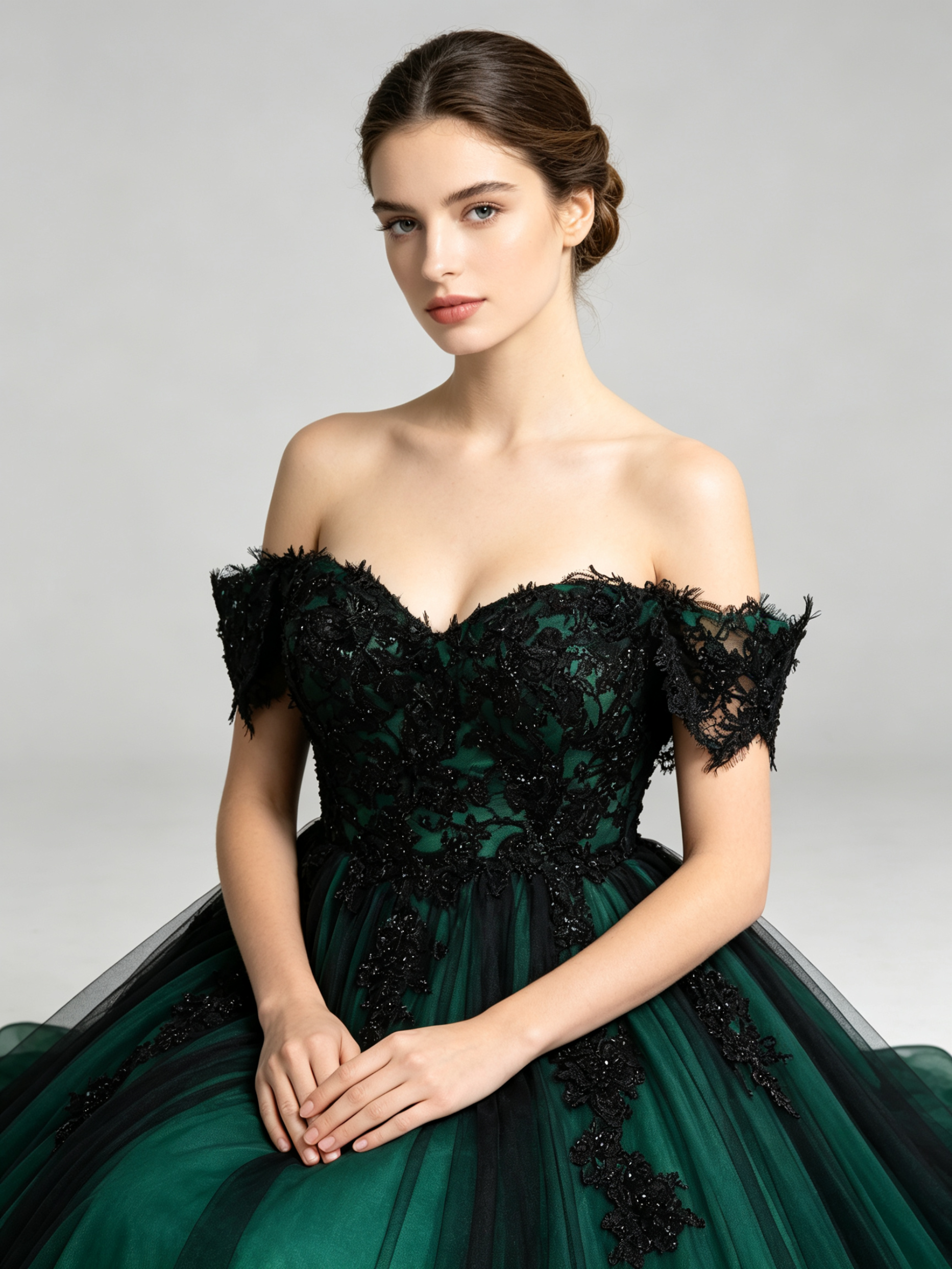 Off-Shoulder Ball Gown Wedding Dress with Black Lace Appliques and Cathedral Train
