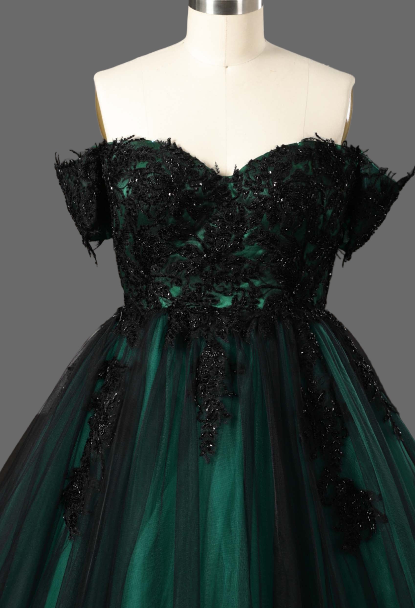 Off-Shoulder Ball Gown Wedding Dress with Black Lace Appliques and Cathedral Train