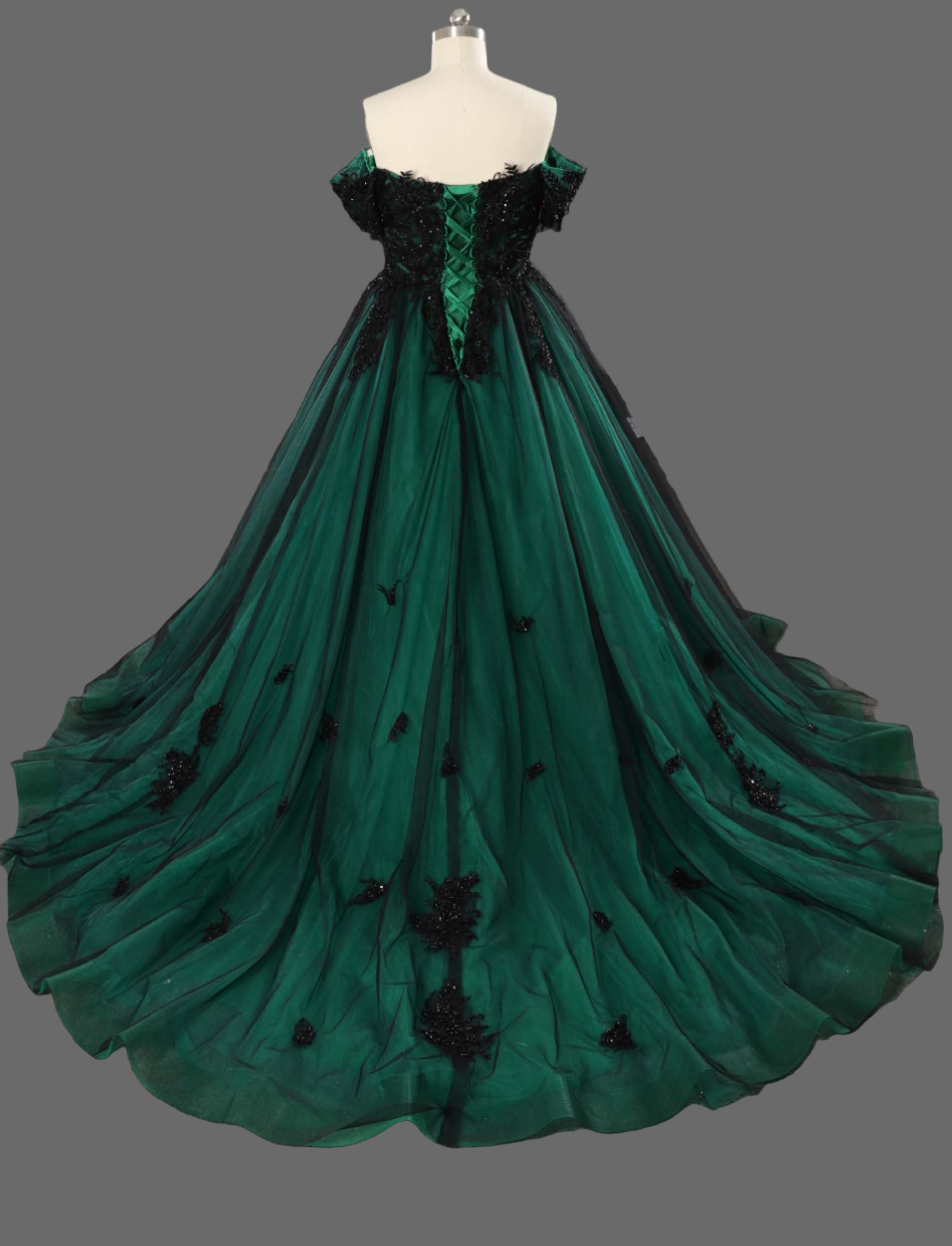 Off-Shoulder Ball Gown Wedding Dress with Black Lace Appliques and Cathedral Train