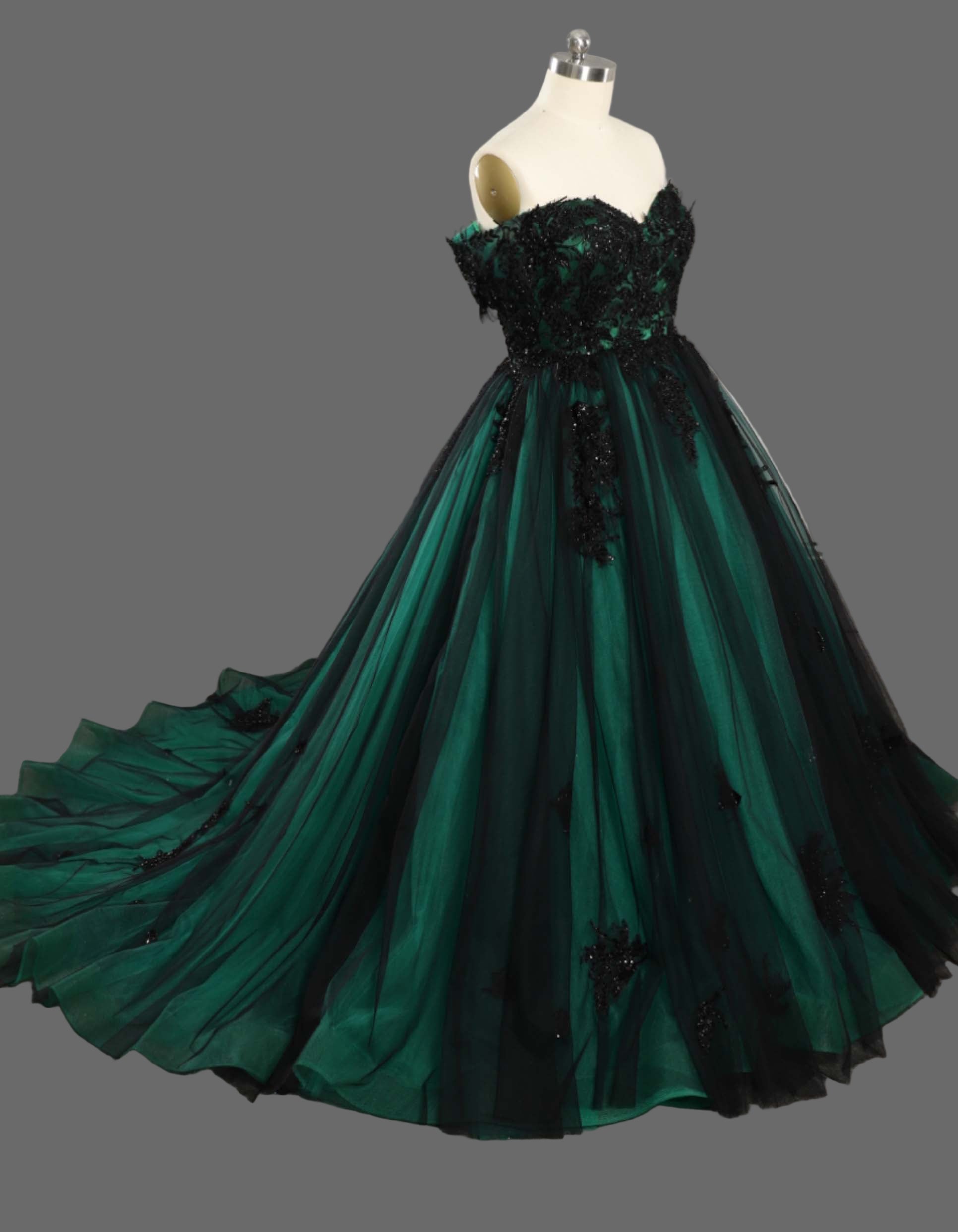 Off-Shoulder Ball Gown Wedding Dress with Black Lace Appliques and Cathedral Train