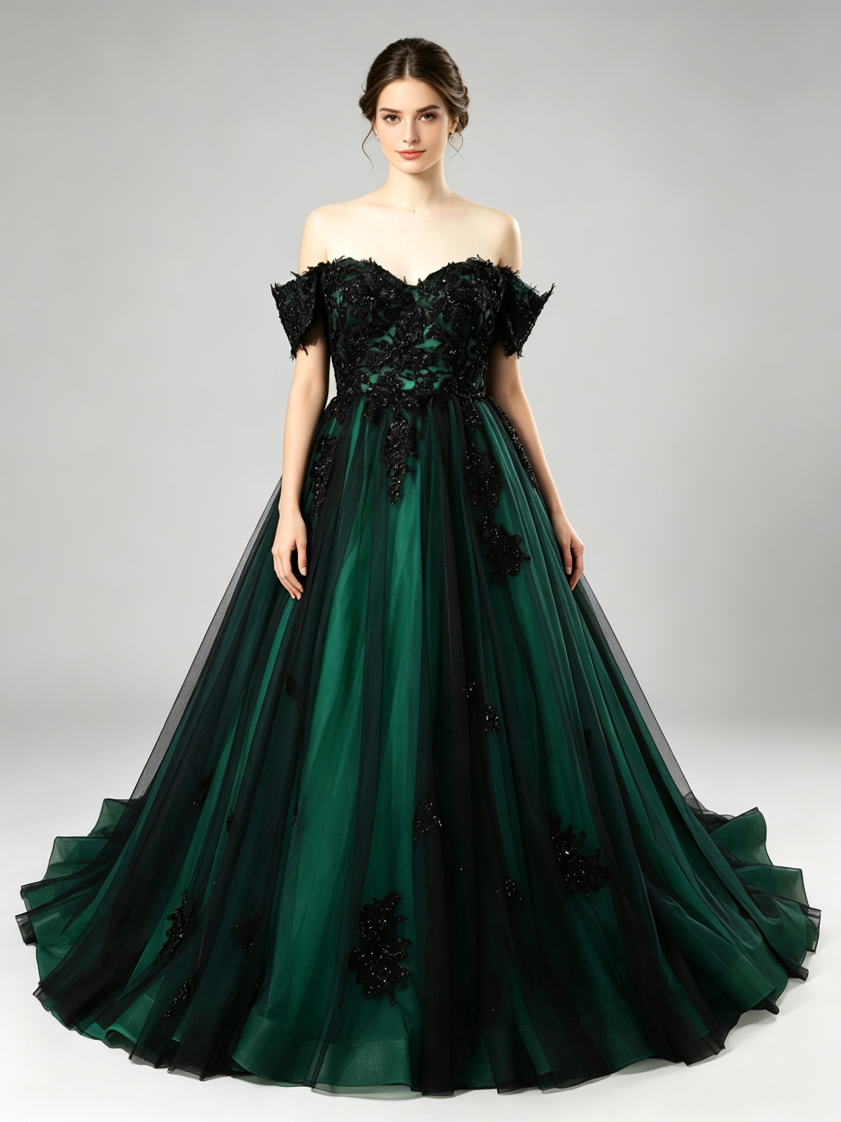 Off-Shoulder Ball Gown Wedding Dress with Black Lace Appliques and Cathedral Train
