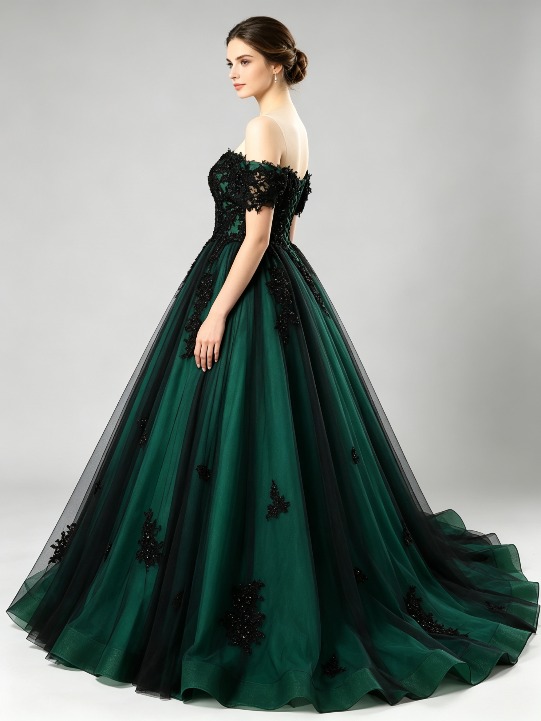 Off-Shoulder Ball Gown Wedding Dress with Black Lace Appliques and Cathedral Train