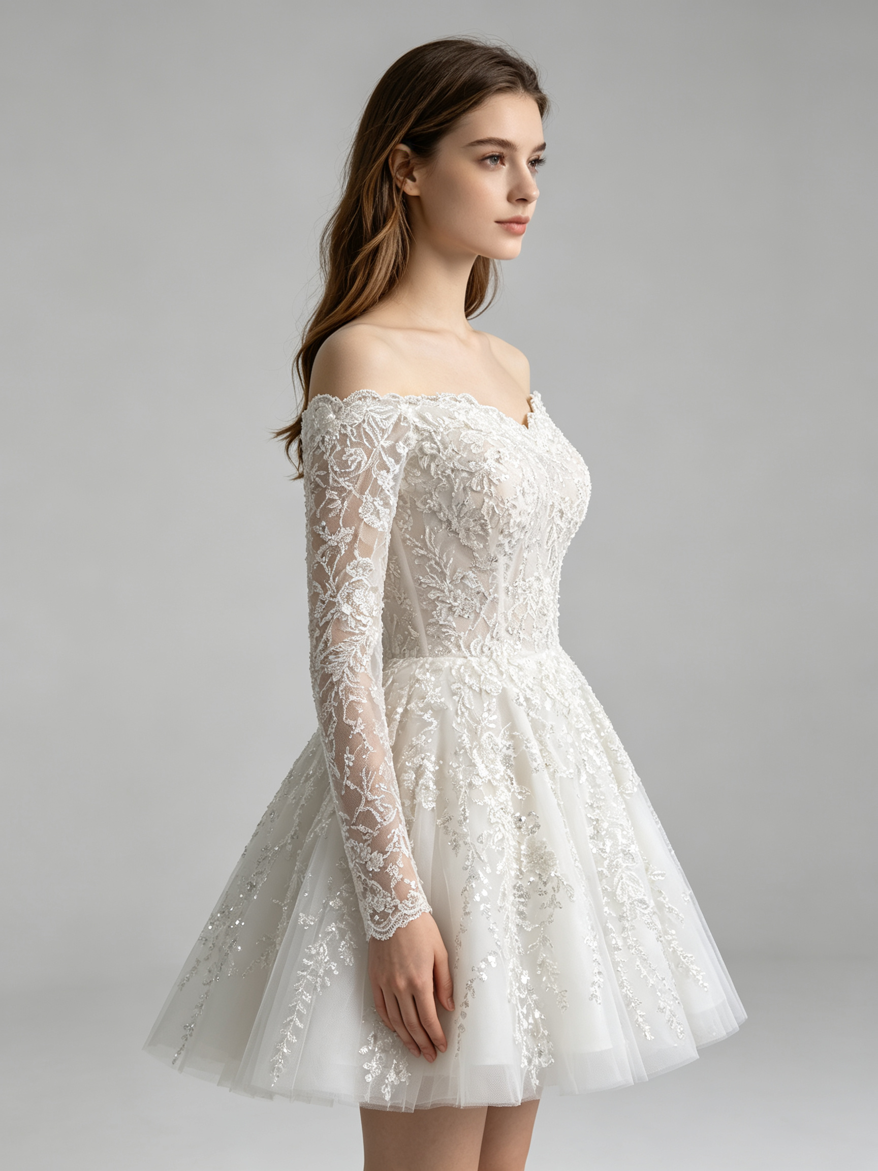 Off-Shoulder Lace Wedding Dress with Long Sleeves OWD-101