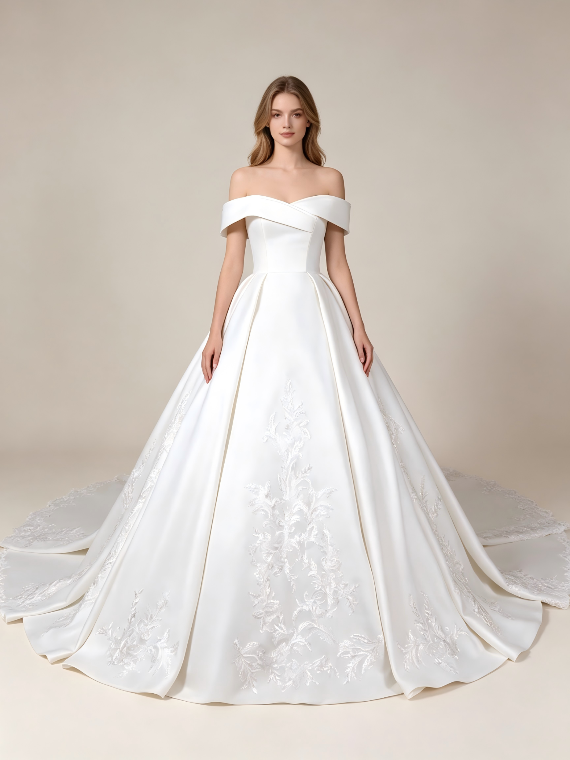 Off-the-Shoulder Appliqued Ball Gown Wedding Dress