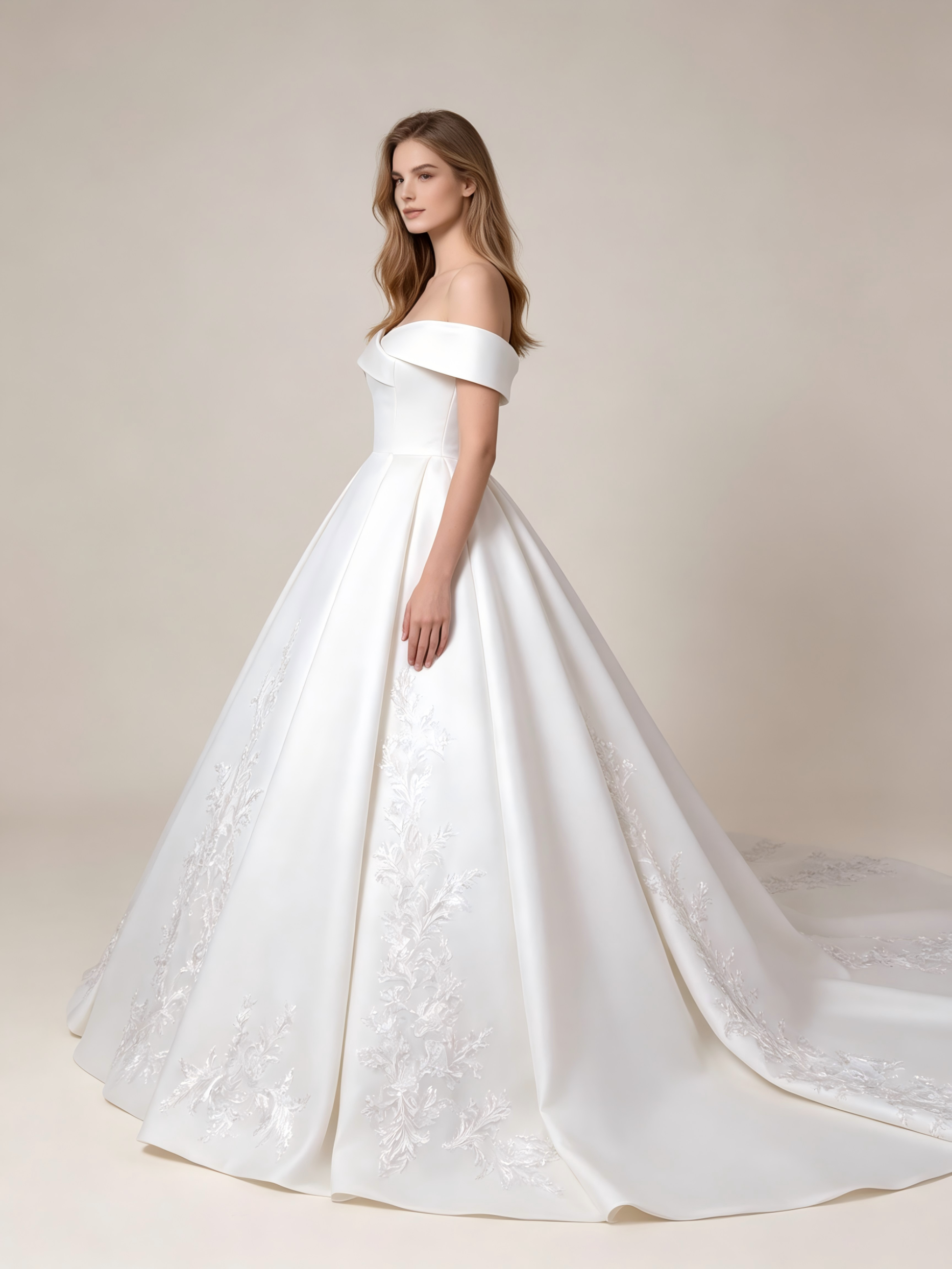 Off-the-Shoulder Appliqued Ball Gown Wedding Dress
