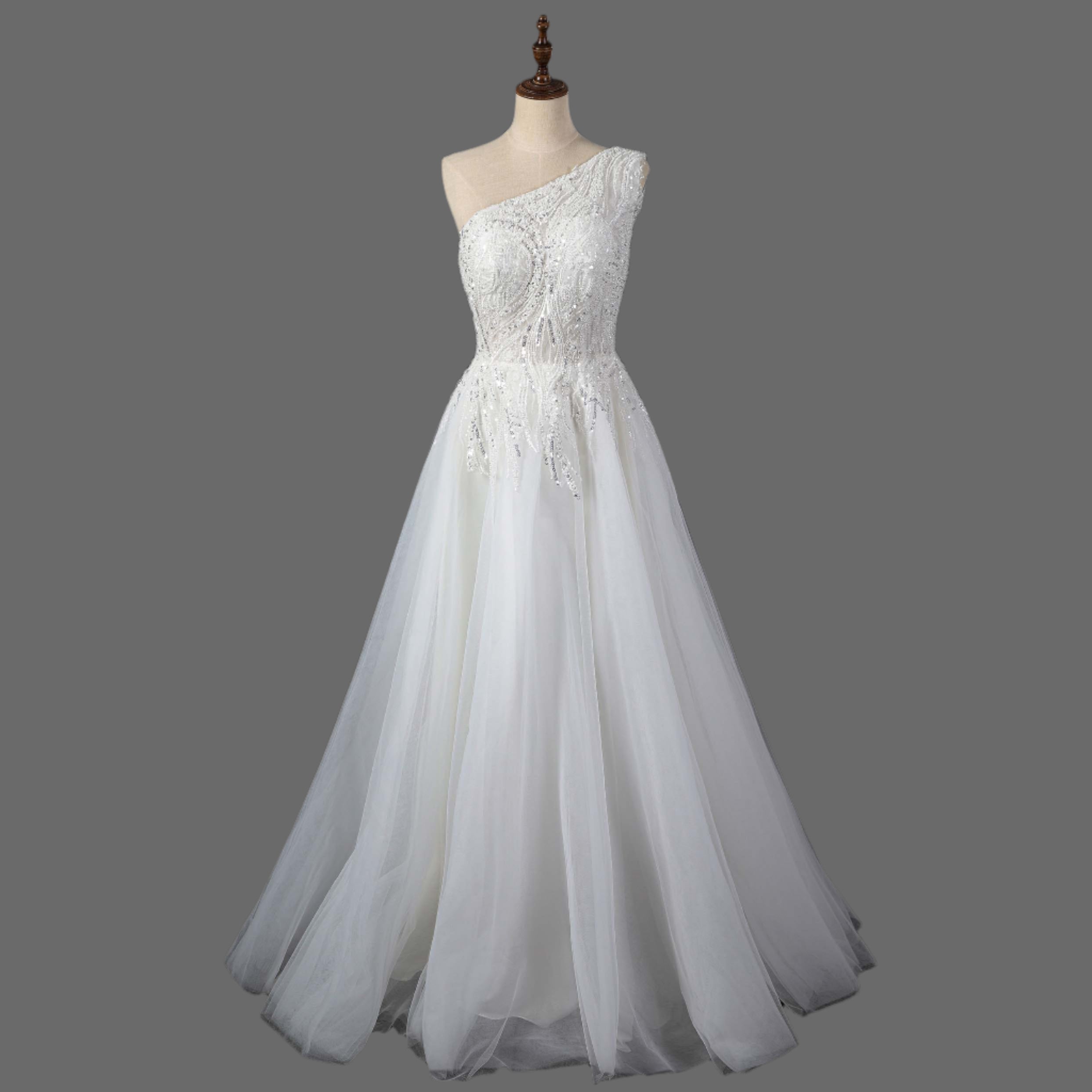 One Shoulder A-Line Beaded Wedding Dress - Luxury Bridal Gown