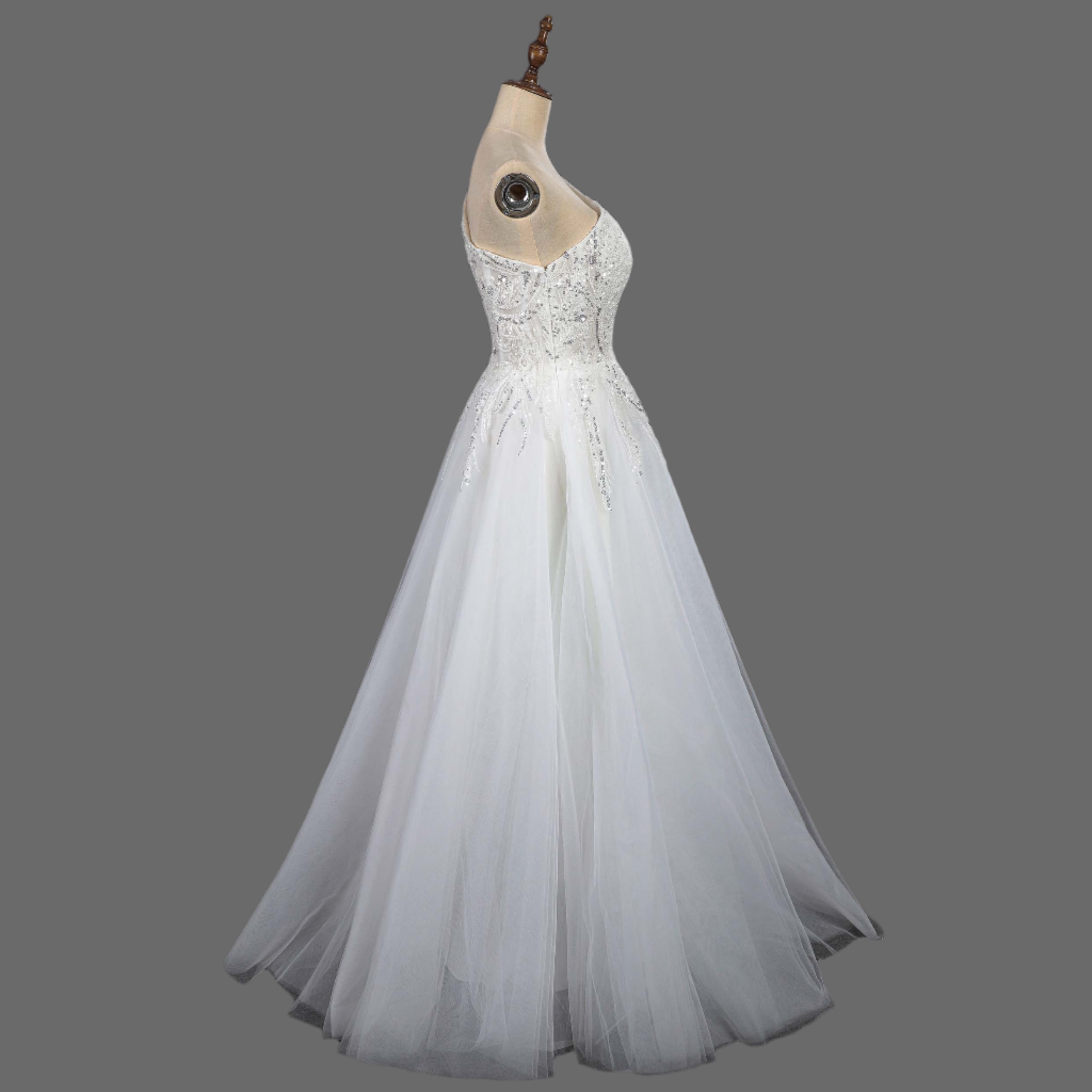One Shoulder A-Line Beaded Wedding Dress - Luxury Bridal Gown