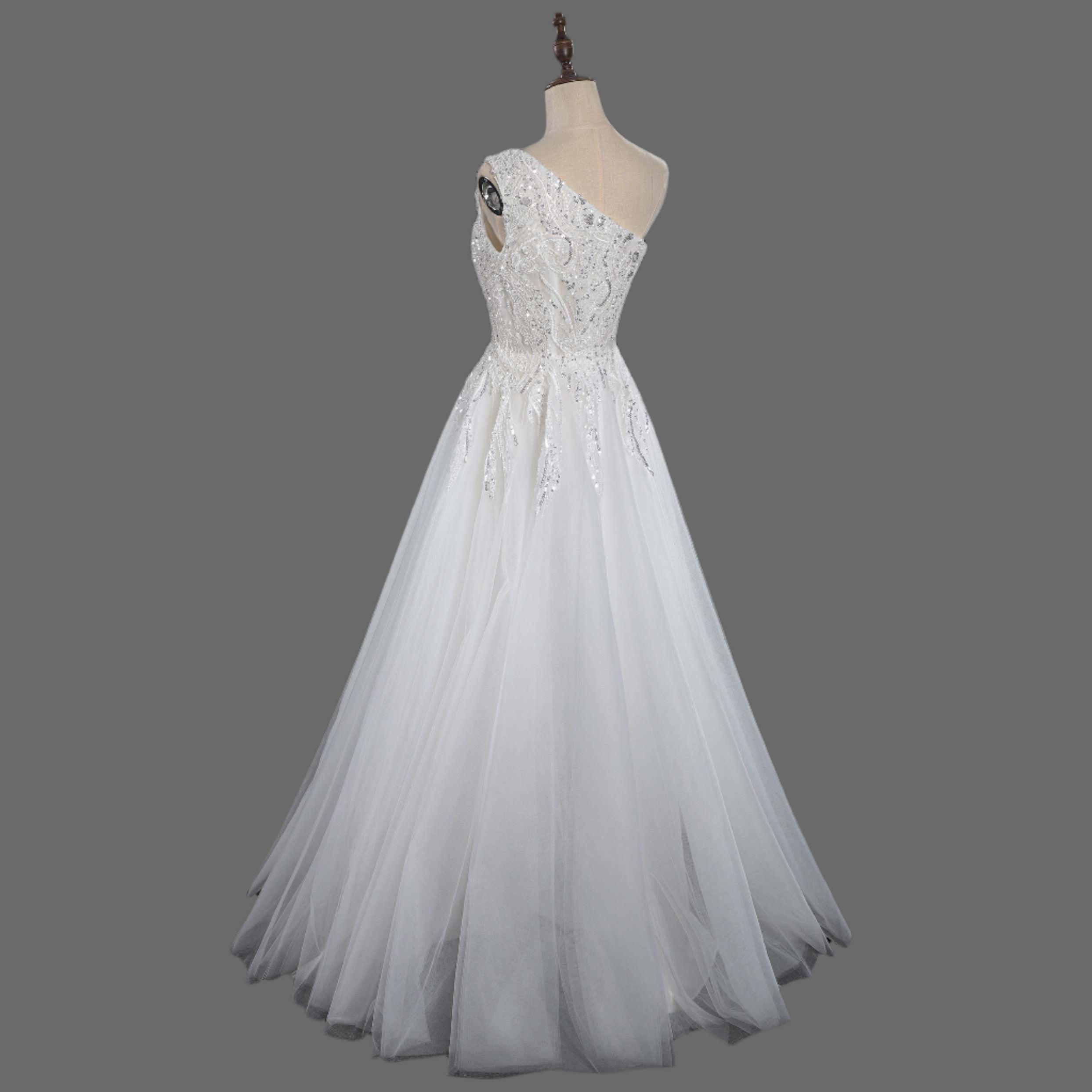 One Shoulder A-Line Beaded Wedding Dress - Luxury Bridal Gown