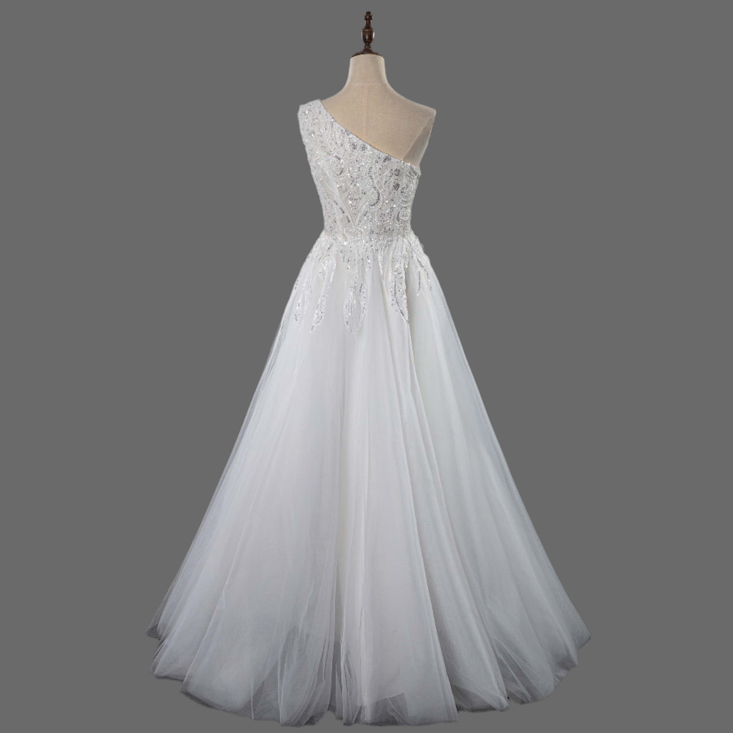 One Shoulder A-Line Beaded Wedding Dress - Luxury Bridal Gown