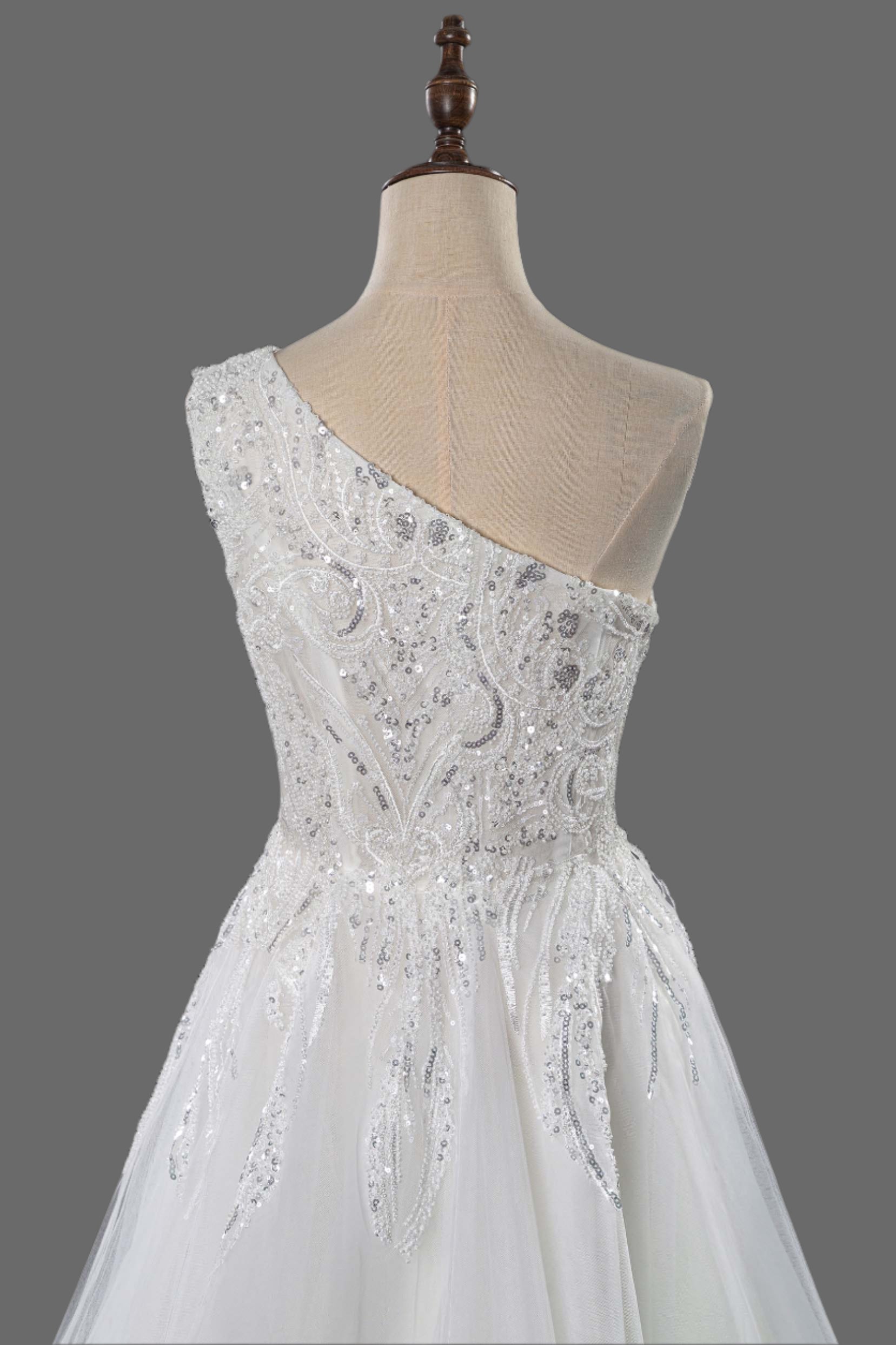 One Shoulder A-Line Beaded Wedding Dress - Luxury Bridal Gown