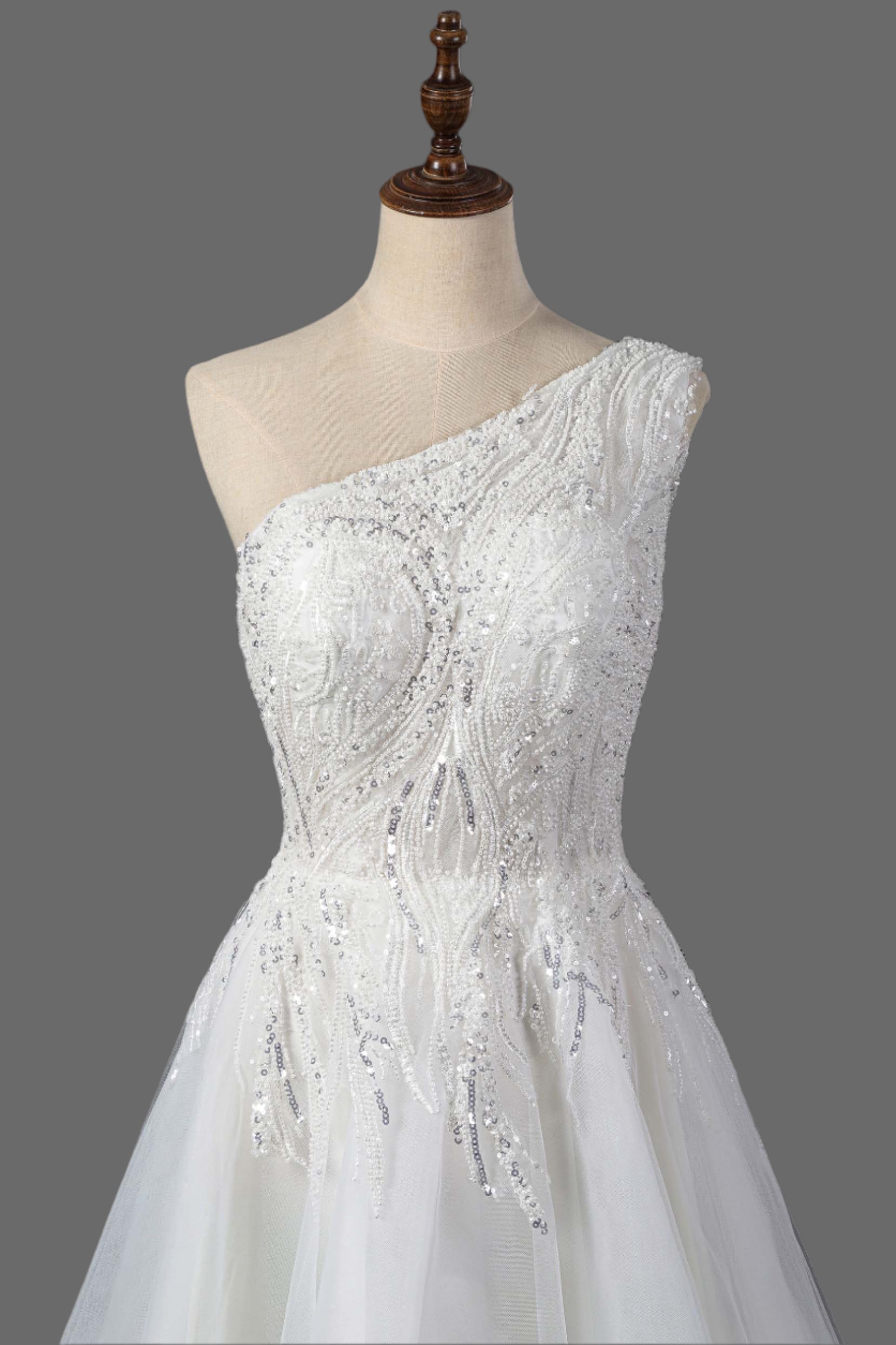 One Shoulder A-Line Beaded Wedding Dress - Luxury Bridal Gown