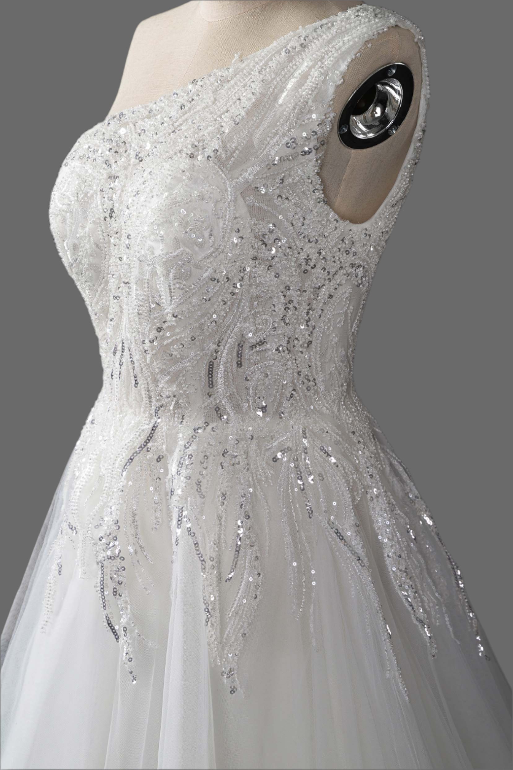 One Shoulder A-Line Beaded Wedding Dress - Luxury Bridal Gown