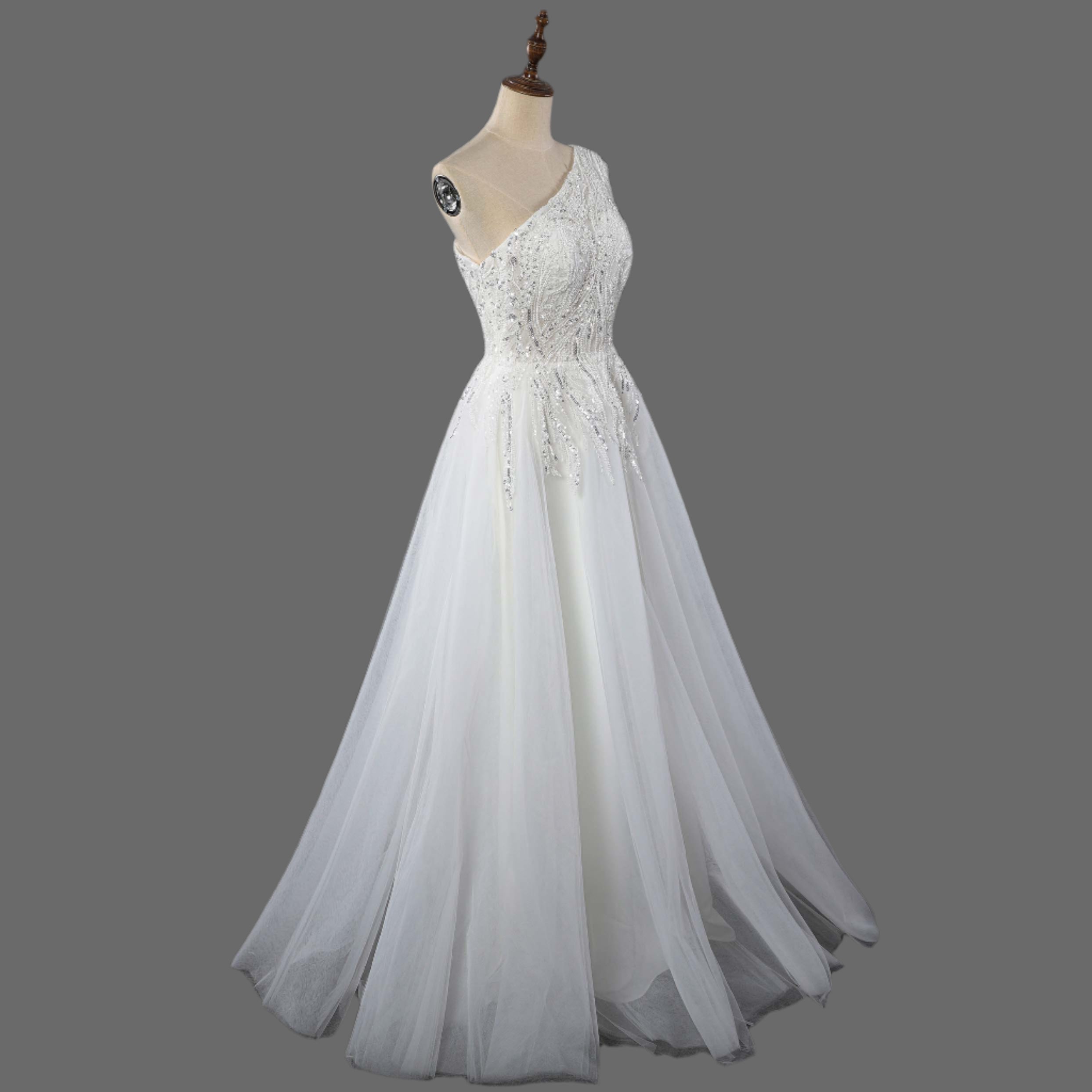 One Shoulder A-Line Beaded Wedding Dress - Luxury Bridal Gown