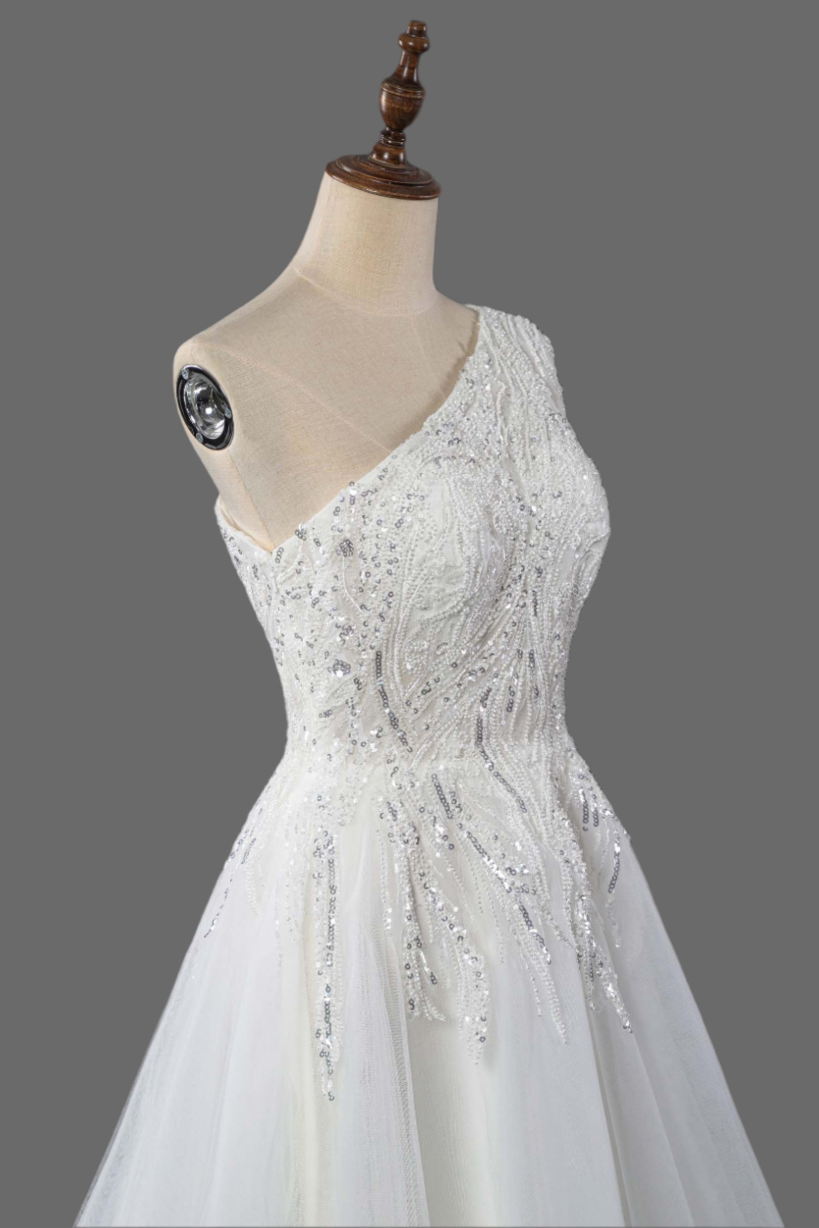 One Shoulder A-Line Beaded Wedding Dress - Luxury Bridal Gown