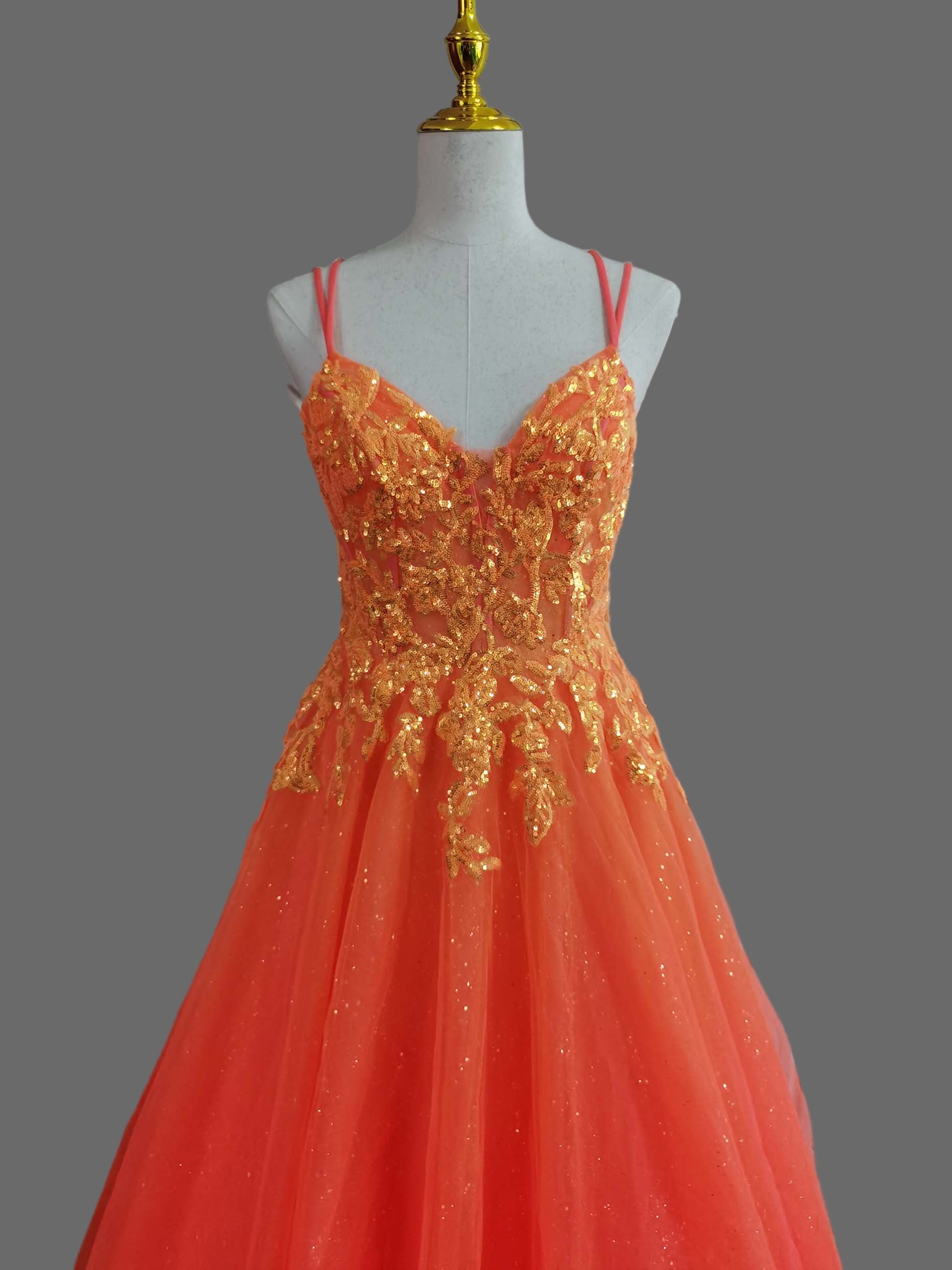 Orange Lace Applique Tulle Prom Dress - Spaghetti Strap A-Line Evening Gown with Sparkle