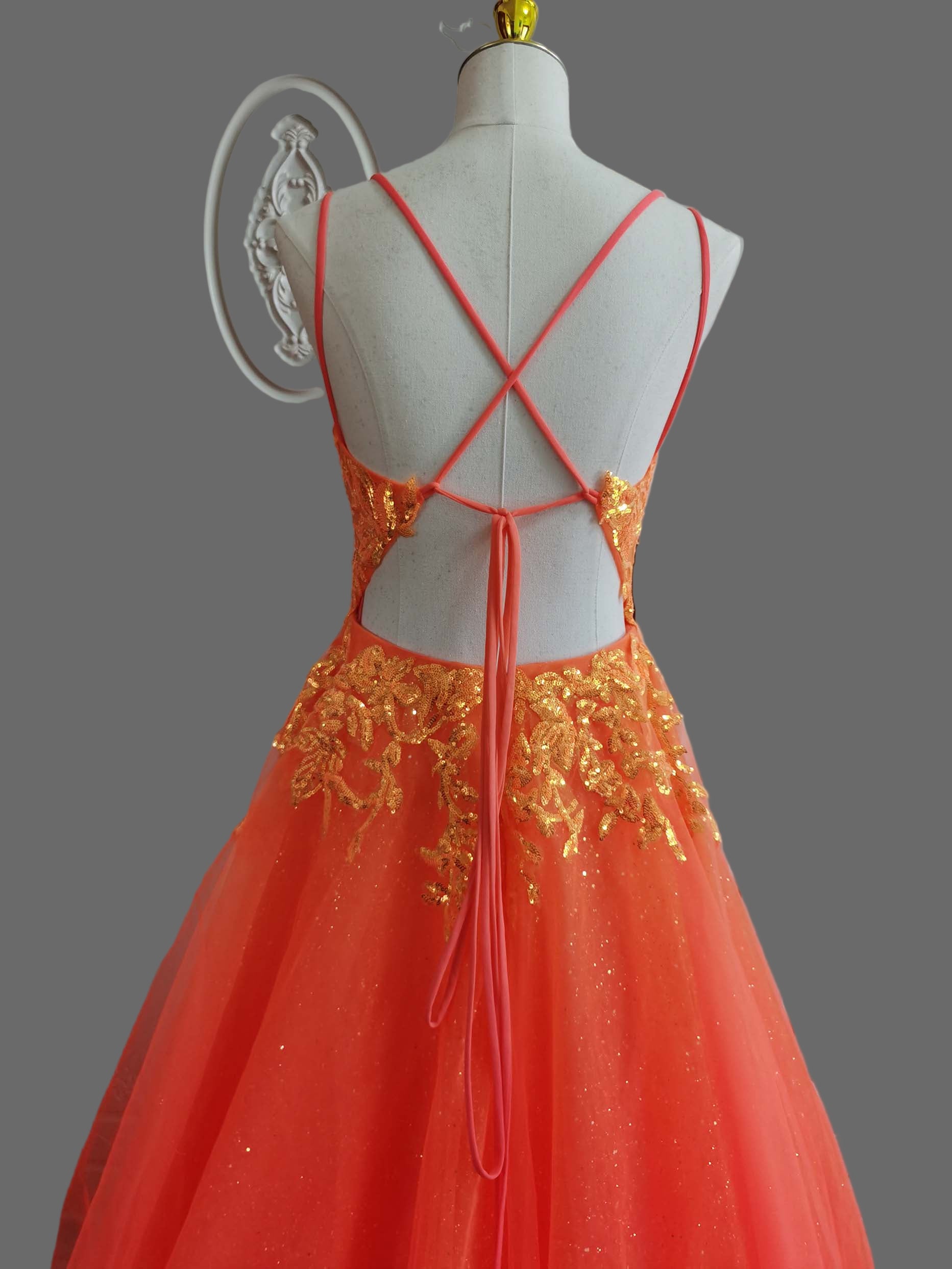 Orange Lace Applique Tulle Prom Dress - Spaghetti Strap A-Line Evening Gown with Sparkle