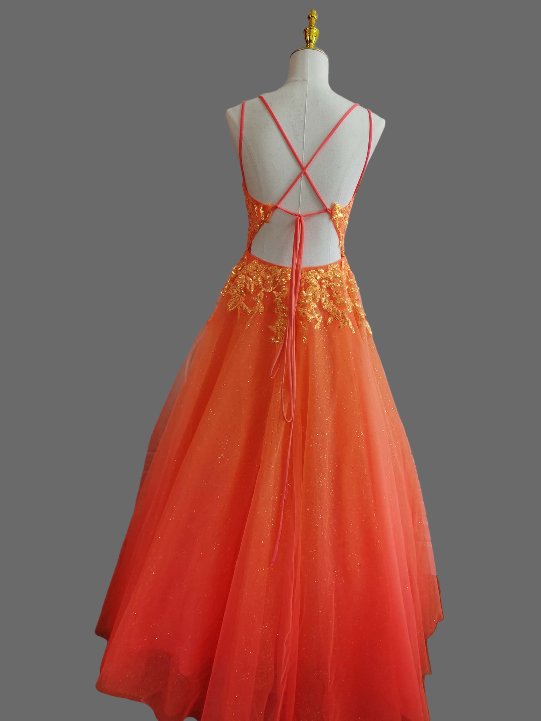 Orange Lace Applique Tulle Prom Dress - Spaghetti Strap A-Line Evening Gown with Sparkle