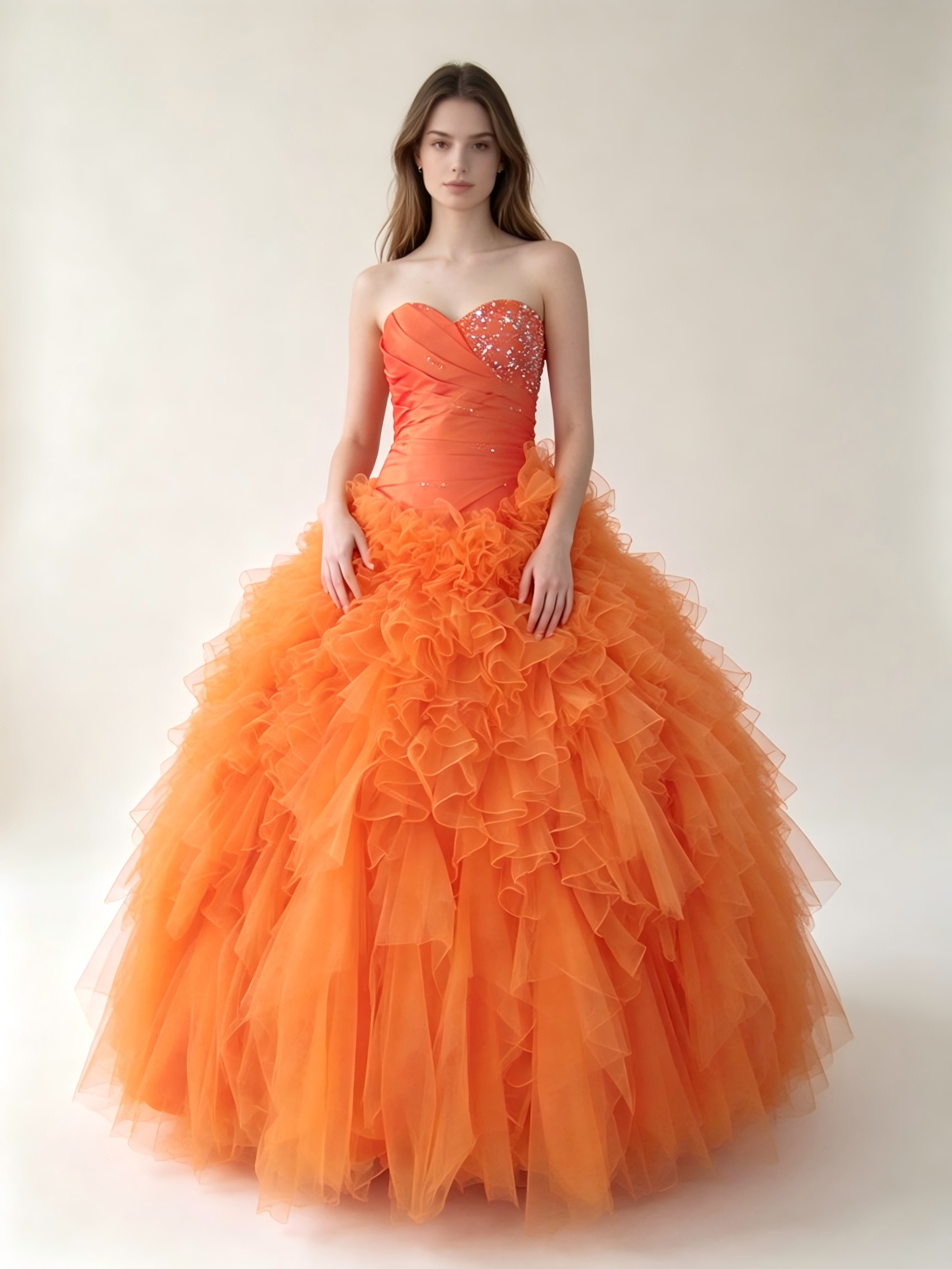 Orange Quinceanera Ball Gown | Sweetheart Ombre Dress with Crystal Beading & Ruffled Tulle