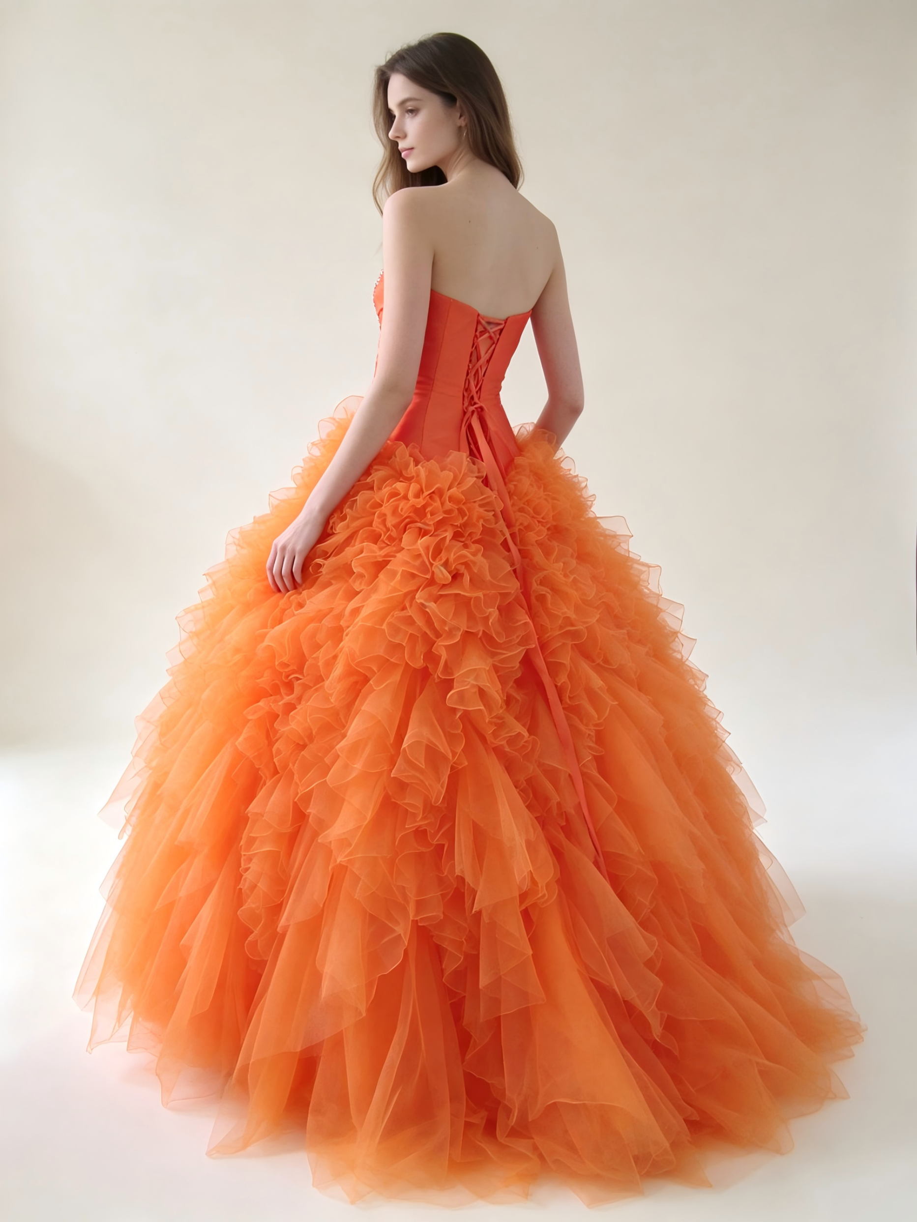 Orange Quinceanera Ball Gown | Sweetheart Ombre Dress with Crystal Beading & Ruffled Tulle